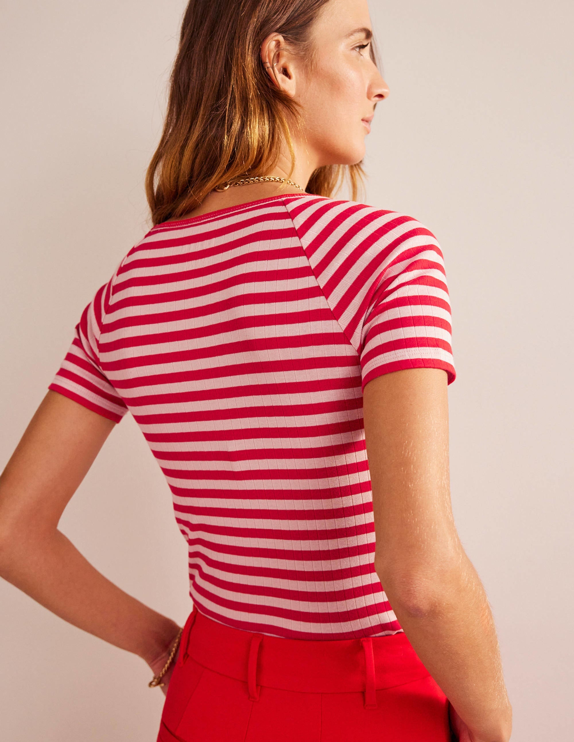 Anna Rib V-Neck T-Shirt-Peach Skin, Hot Pepper Stripe - Image 3