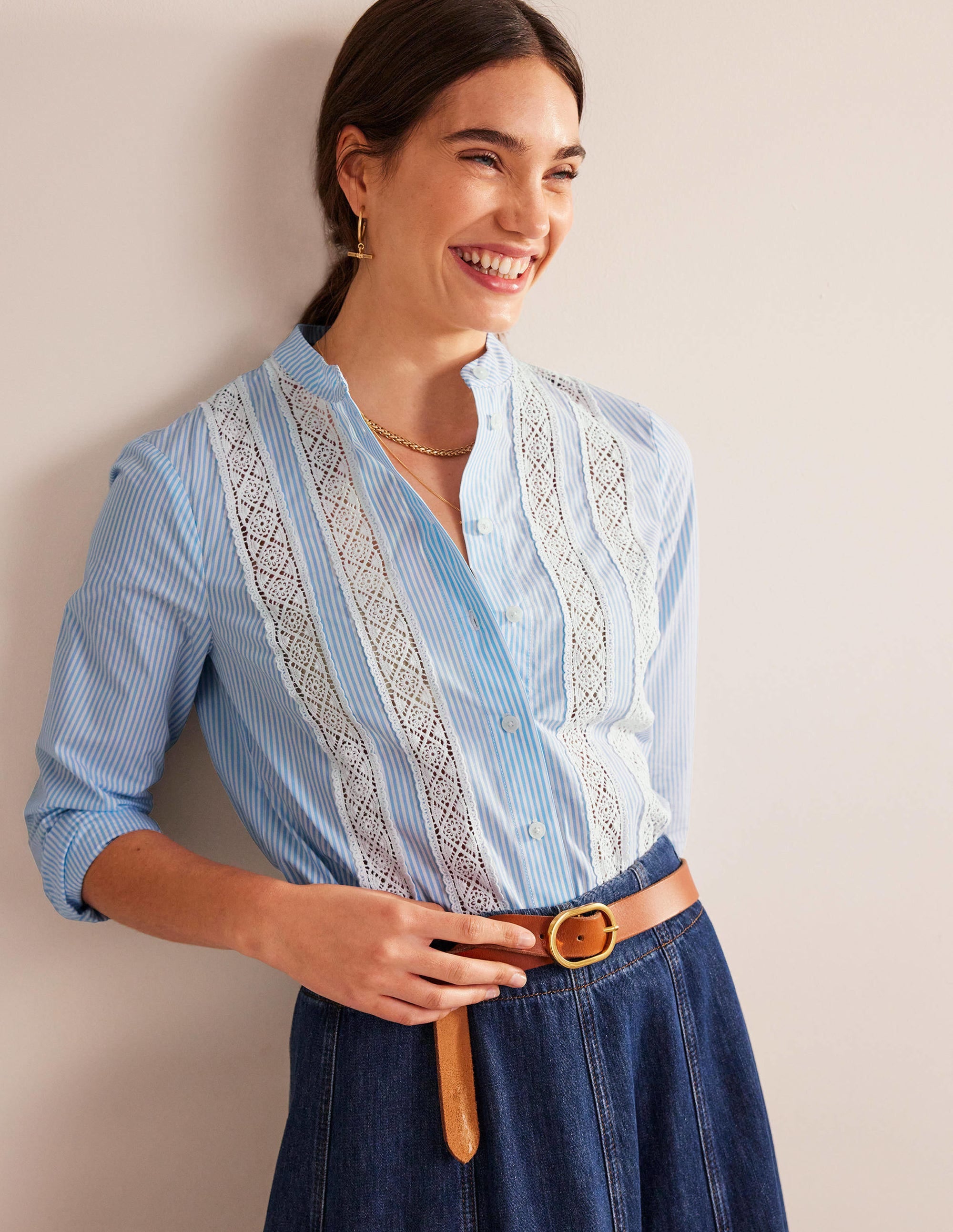 Lace-Panelled Poplin Shirt-Cornflower Fine Ticking Stripe - Image 1