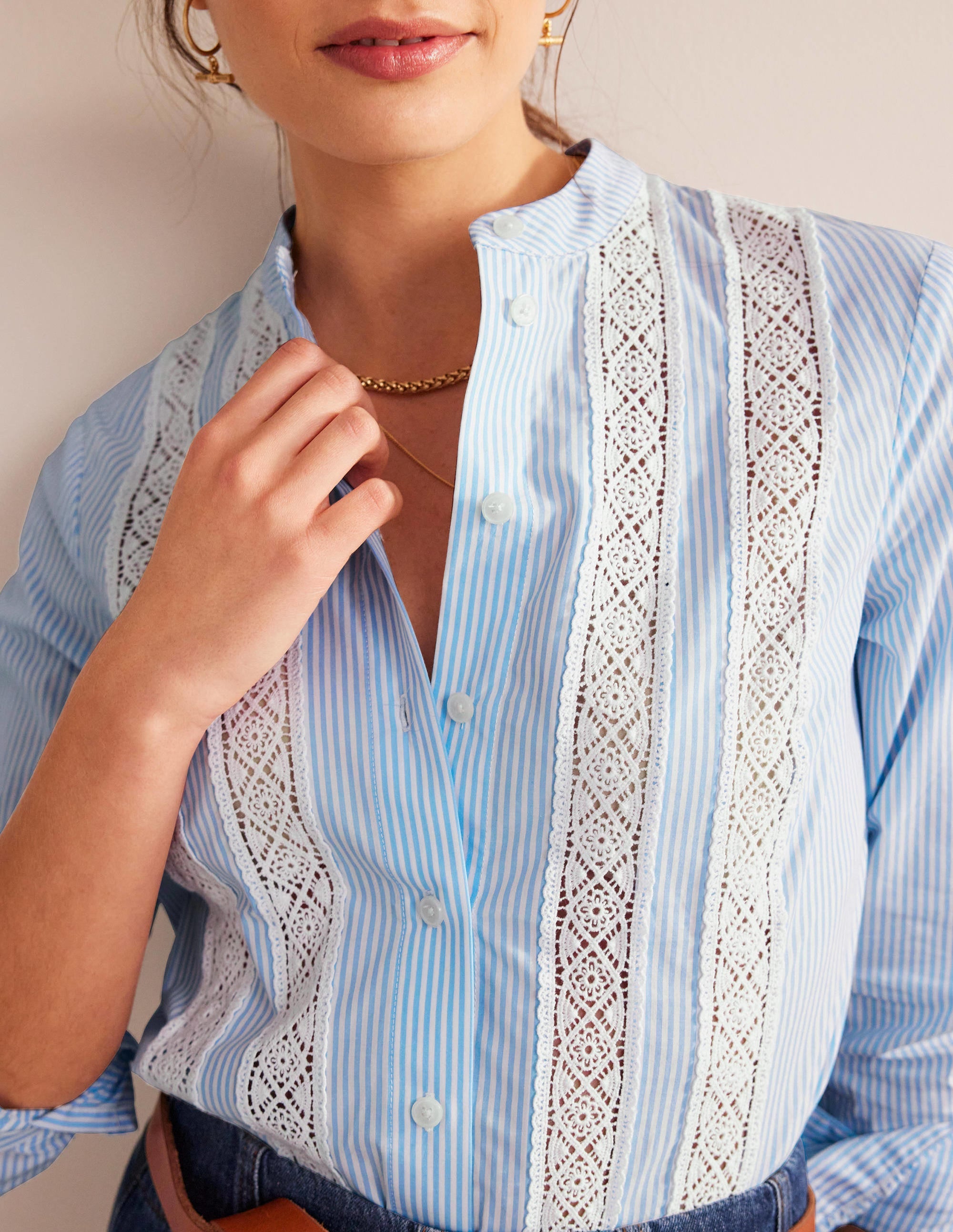 Lace-Panelled Poplin Shirt-Cornflower Fine Ticking Stripe - Image 2