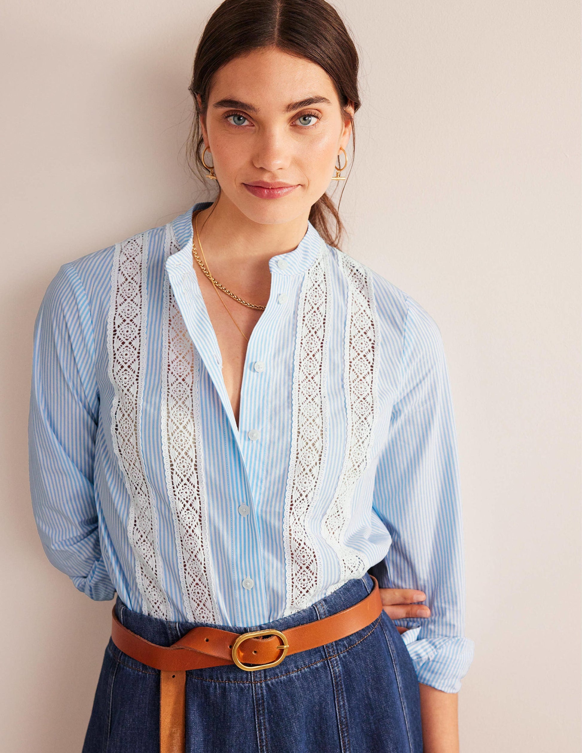 Lace-Panelled Poplin Shirt-Cornflower Fine Ticking Stripe-4