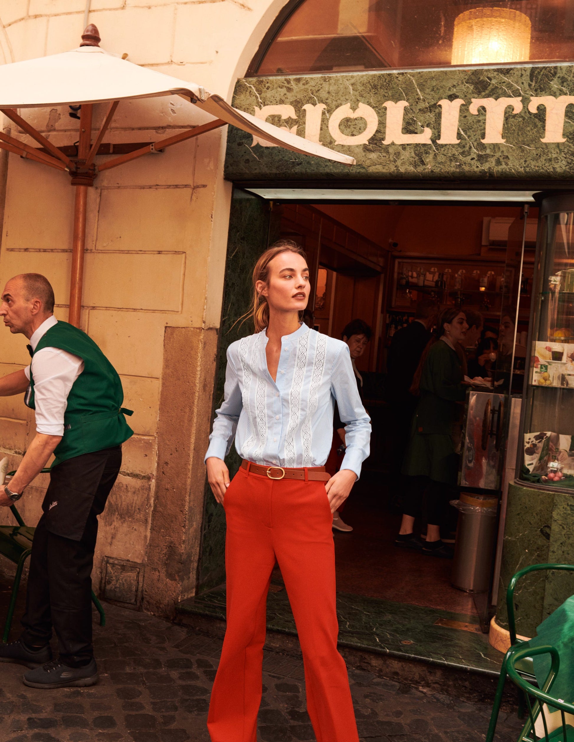 Lace-Panelled Poplin Shirt-Cornflower Fine Ticking Stripe-5