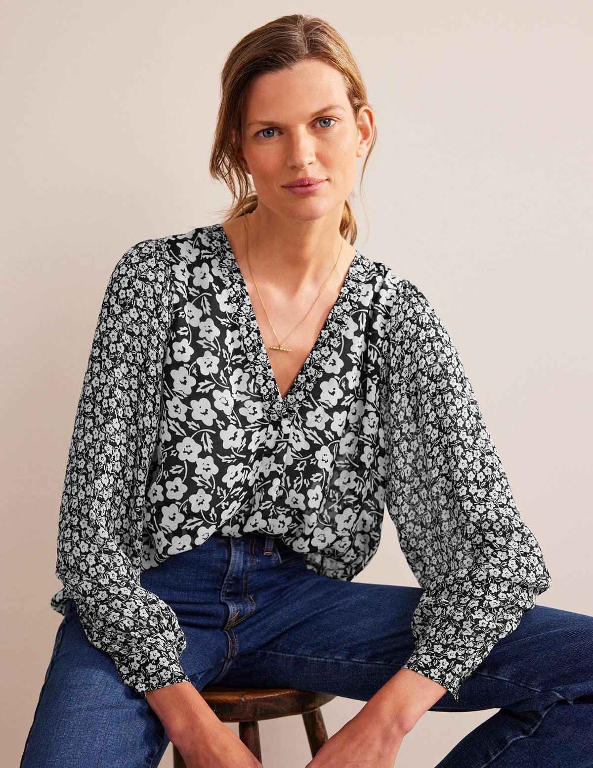 Printed V-Neck Blouse-Black, Petal Pop-1