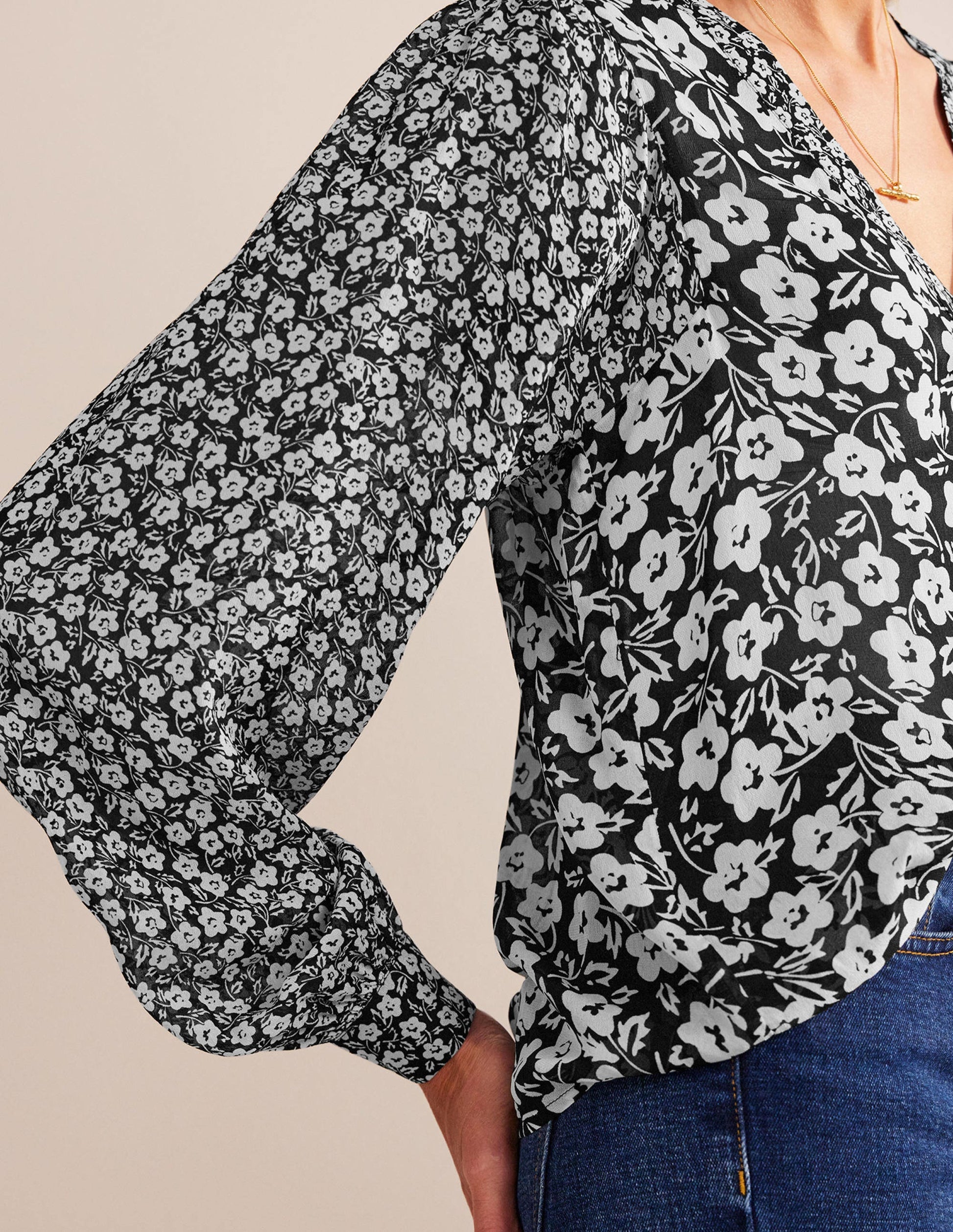 Printed V-Neck Blouse-Black, Petal Pop-2