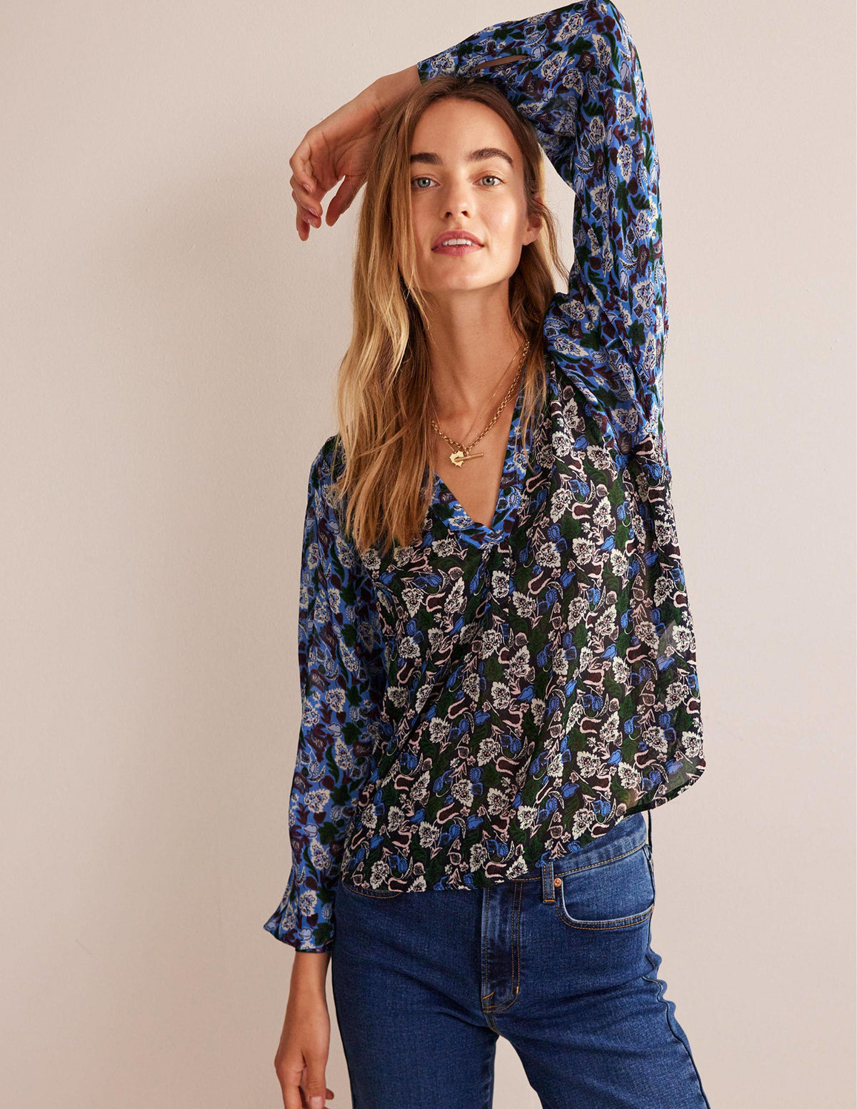 Printed V-Neck Blouse-Multi, Tulip Bloom-1