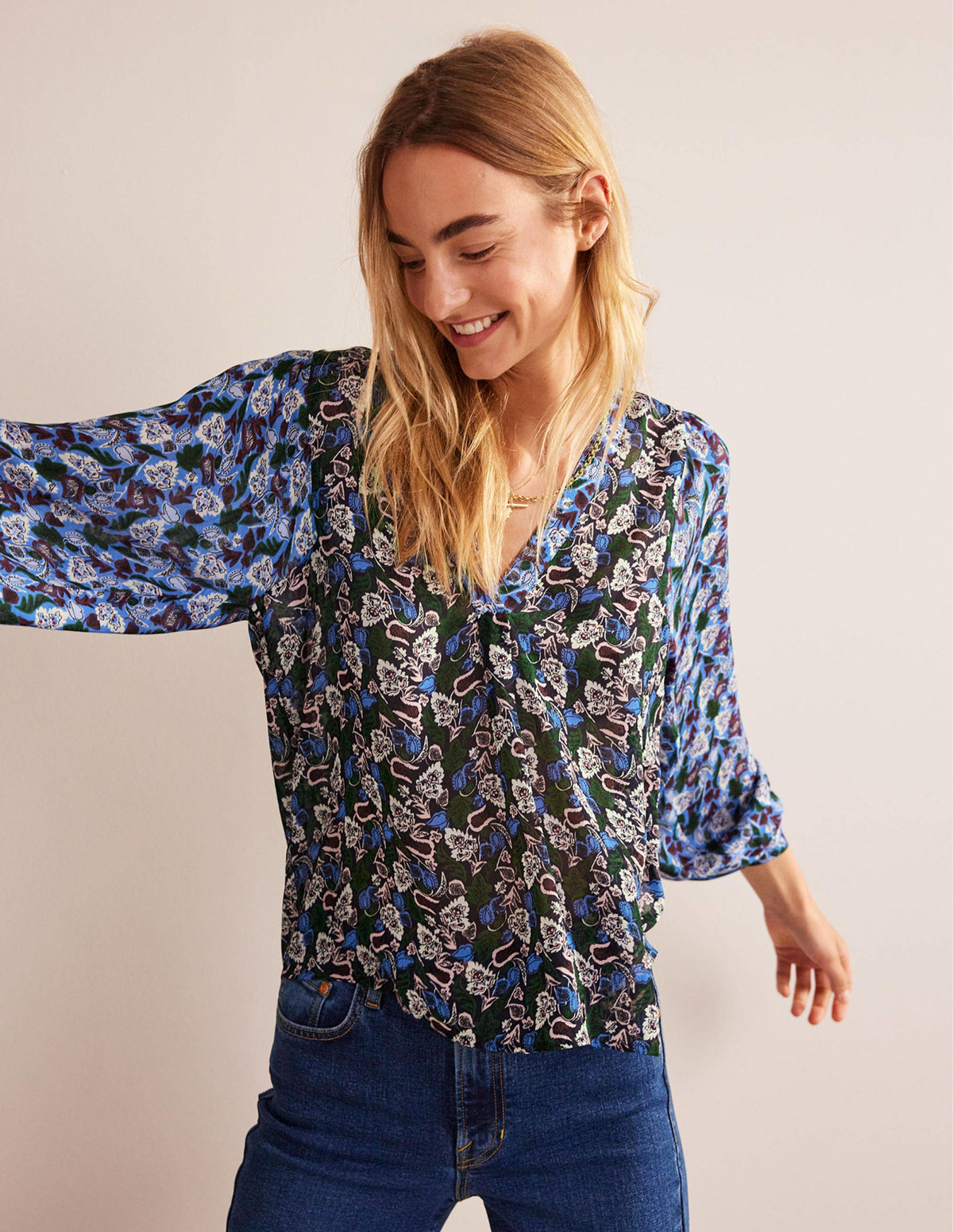 Printed V-Neck Blouse-Multi, Tulip Bloom - Image 4