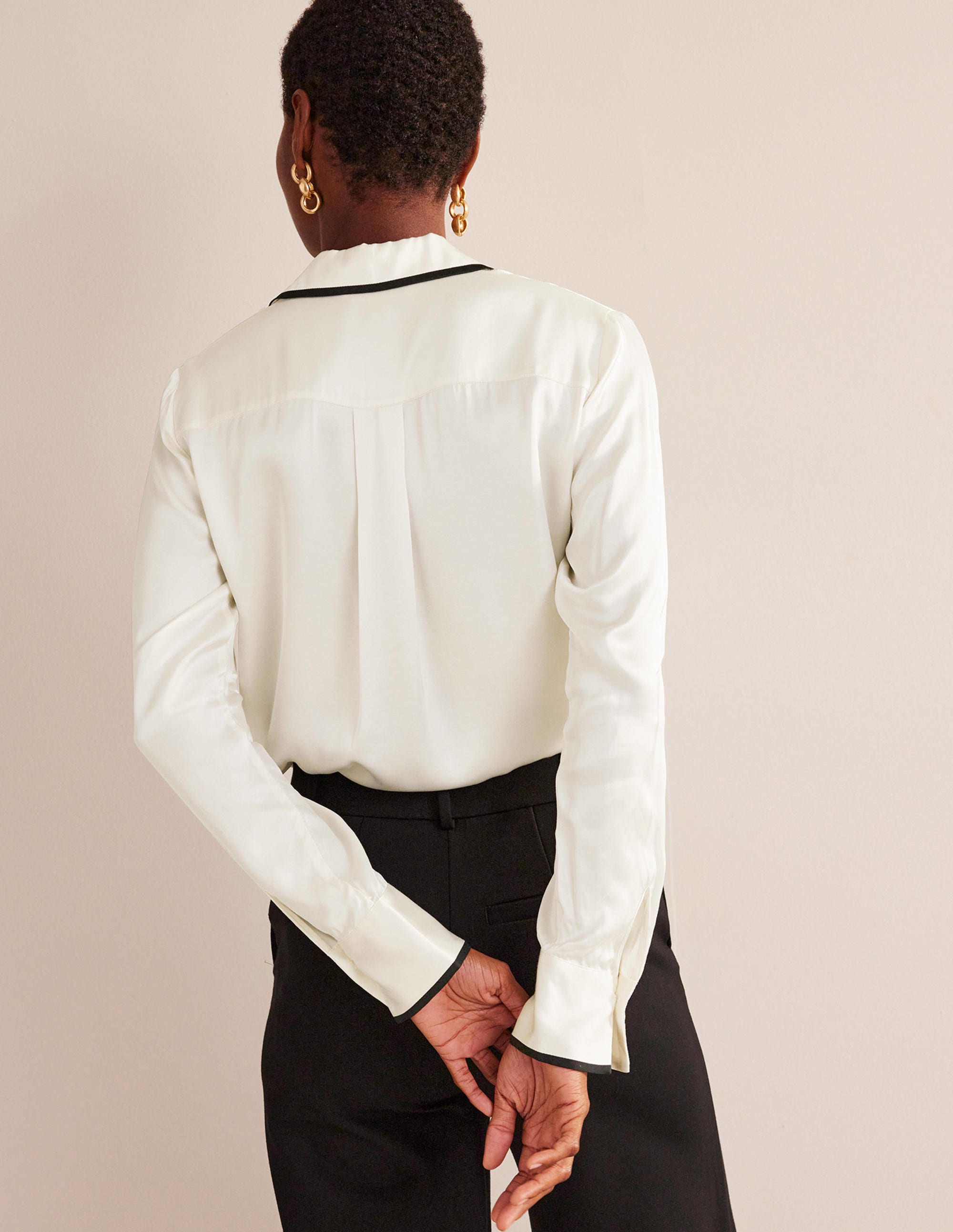 Straight Satin-Tipped Shirt-Ivory, Black - Image 3