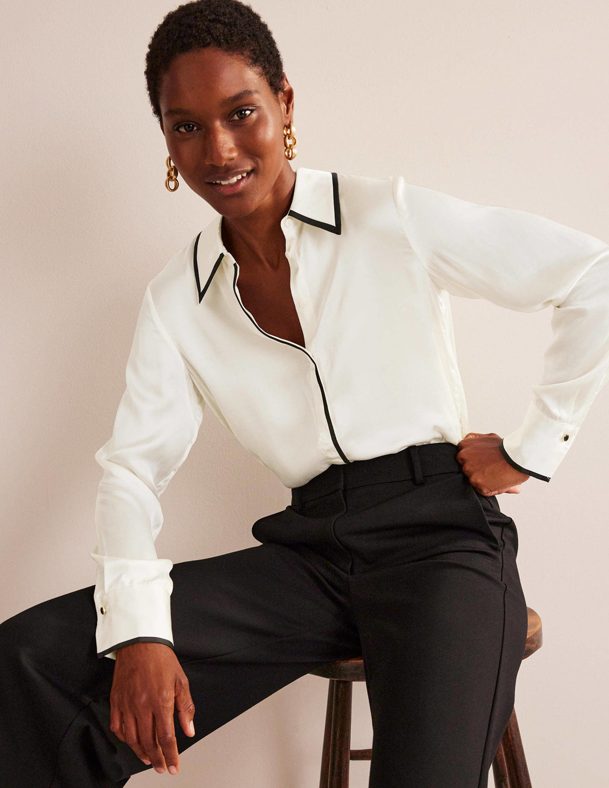 Straight Satin-Tipped Shirt-Ivory, Black - Image 4