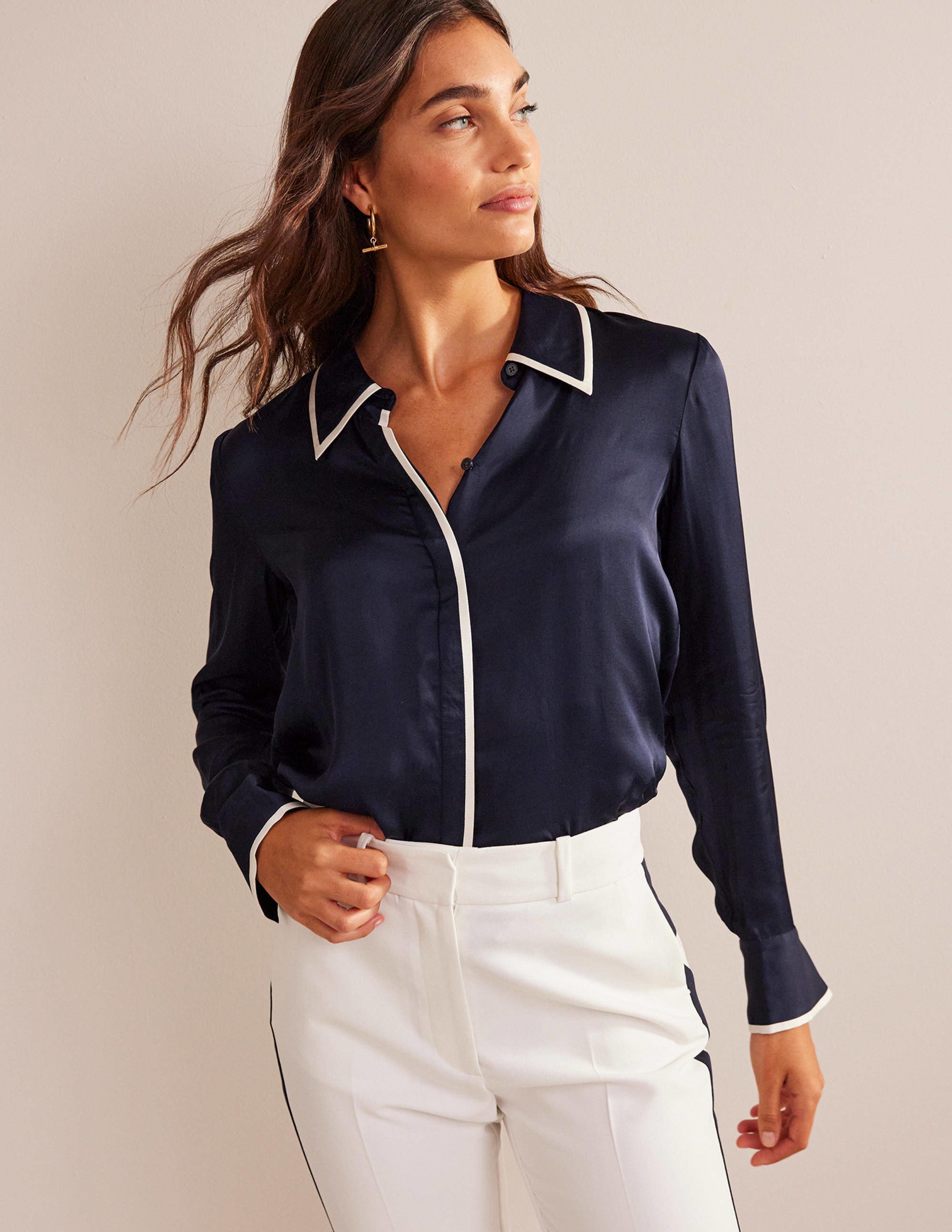 Straight Satin-Tipped Shirt-Navy - Image 1