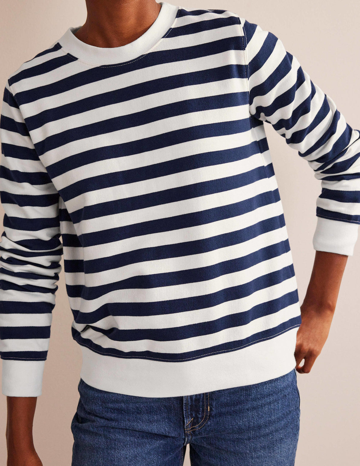 Deep Rib Boxy Sweatshirt-French Navy, Ivory Stripe-4
