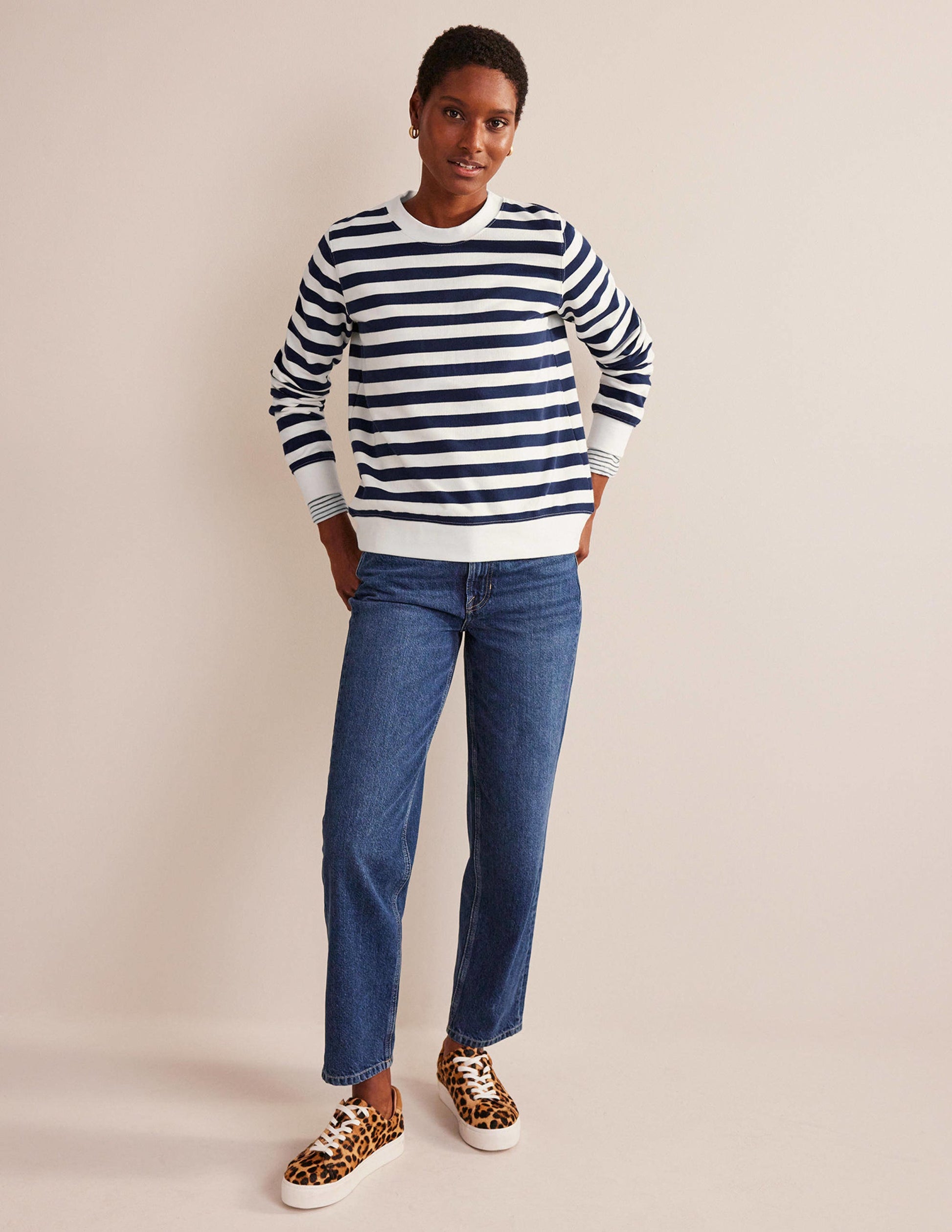 Deep Rib Boxy Sweatshirt-French Navy, Ivory Stripe-5