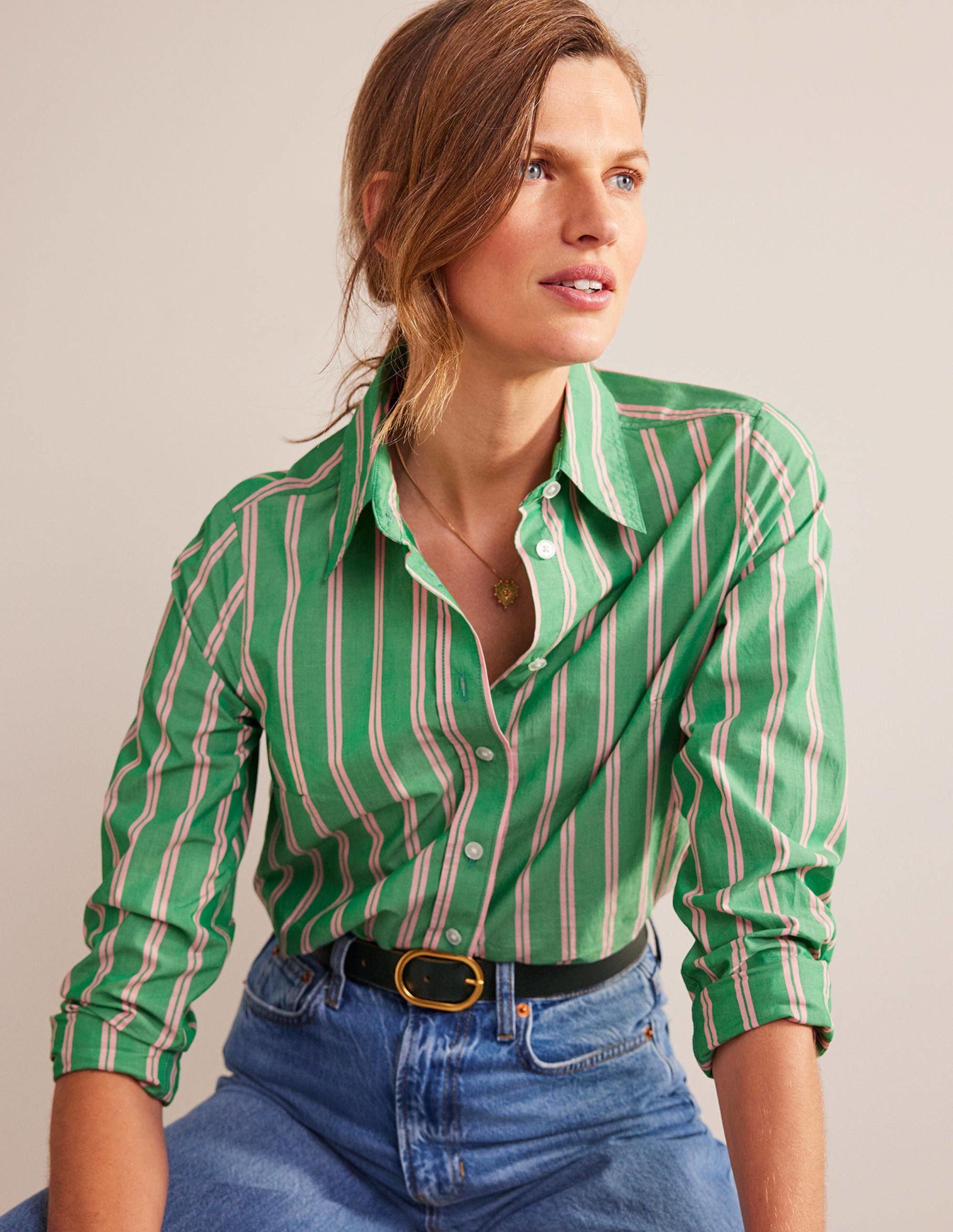 Sienna Cotton Shirt-Green and Pink Tram Stripe - Image 1