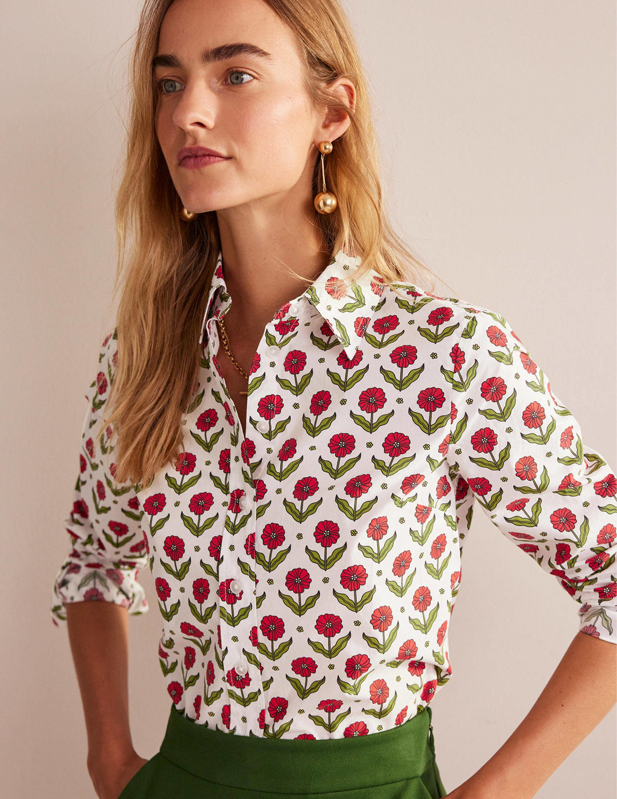 Sienna Cotton Shirt-Ivory, Daisy Foliage - Image 1