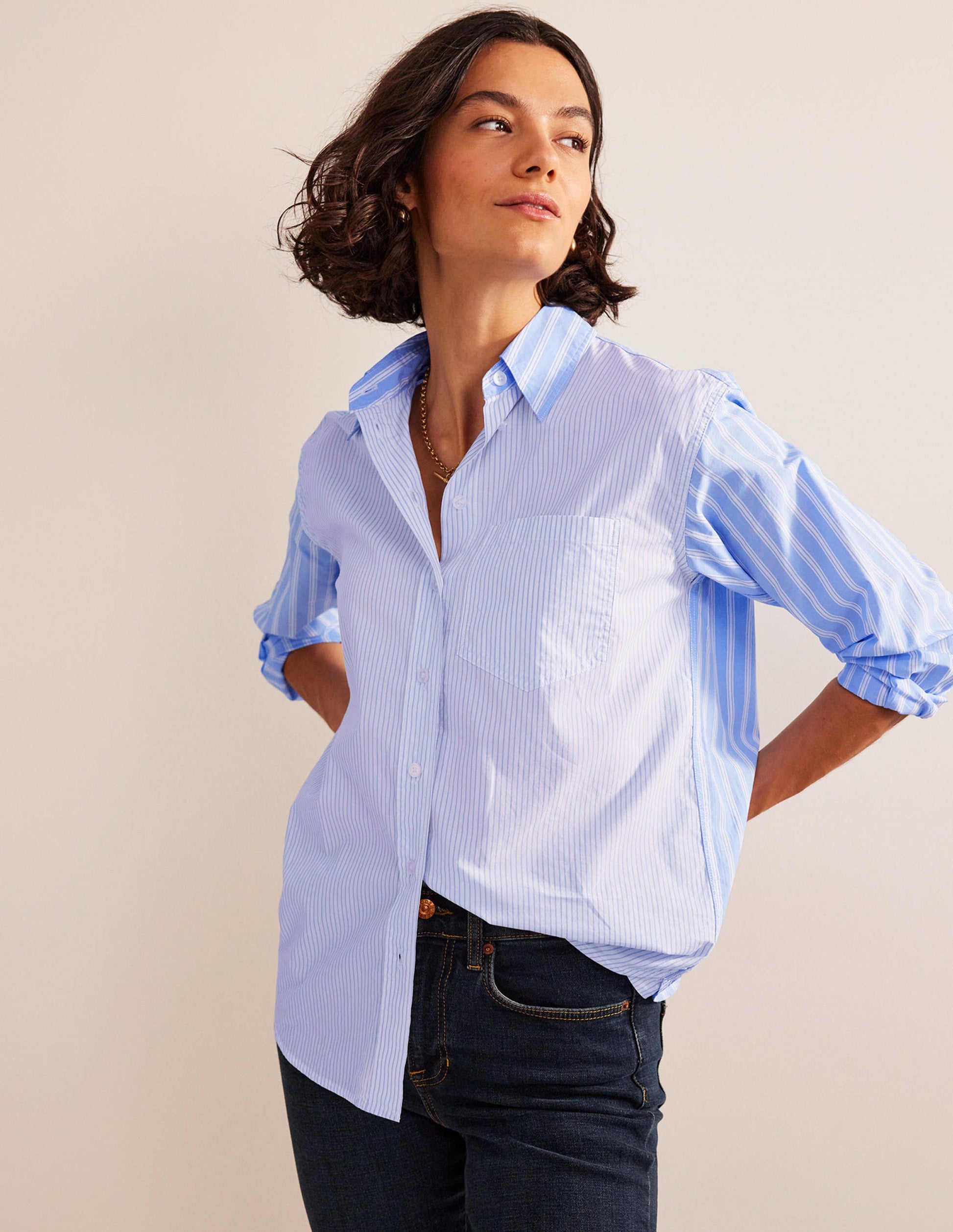 Connie Cotton Shirt-Ivory, Blue Hotch Stripe-1
