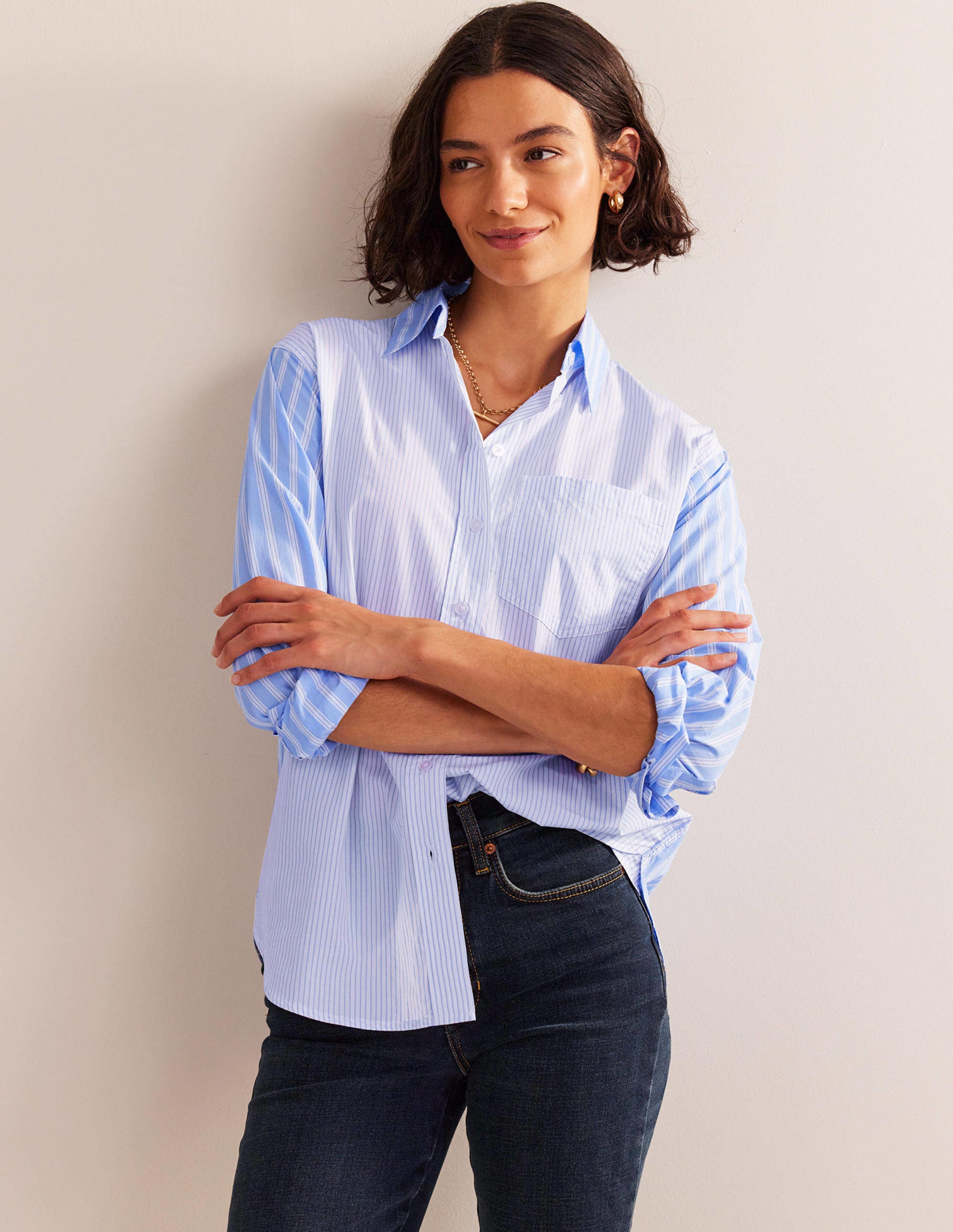 Connie Cotton Shirt-Ivory, Blue Hotch Stripe - Image 4