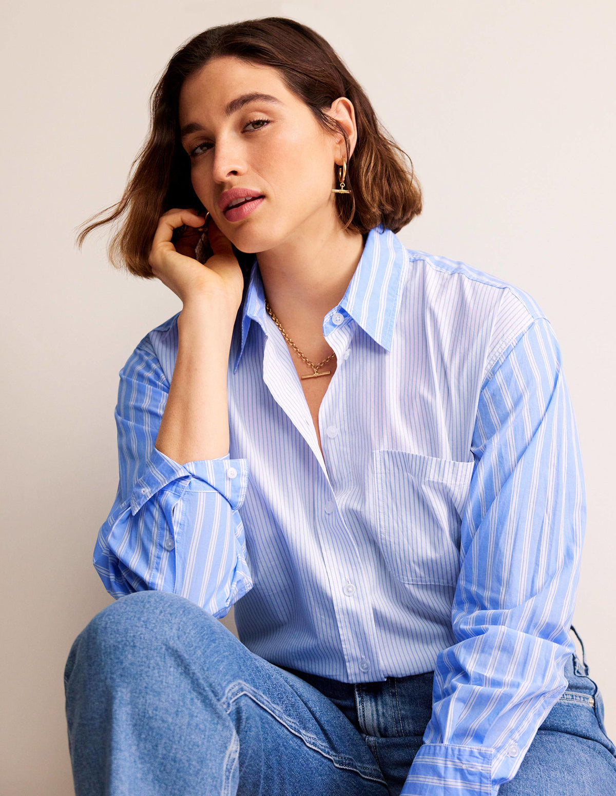 Connie Cotton Shirt-Ivory, Blue Hotch Stripe - Image 7