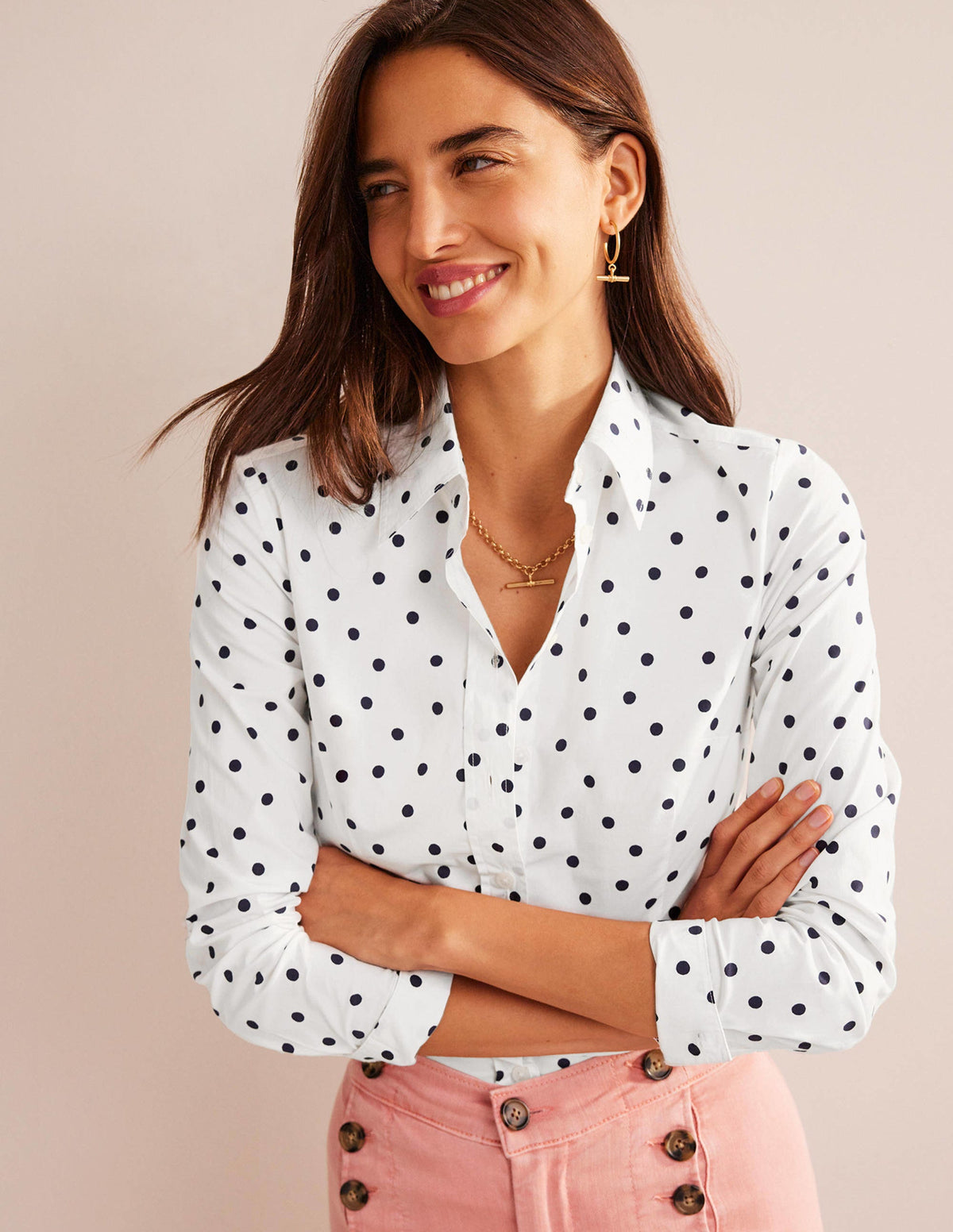 Saskia Stretch Cotton Shirt-Ivory, Spaced Dot - Image 1