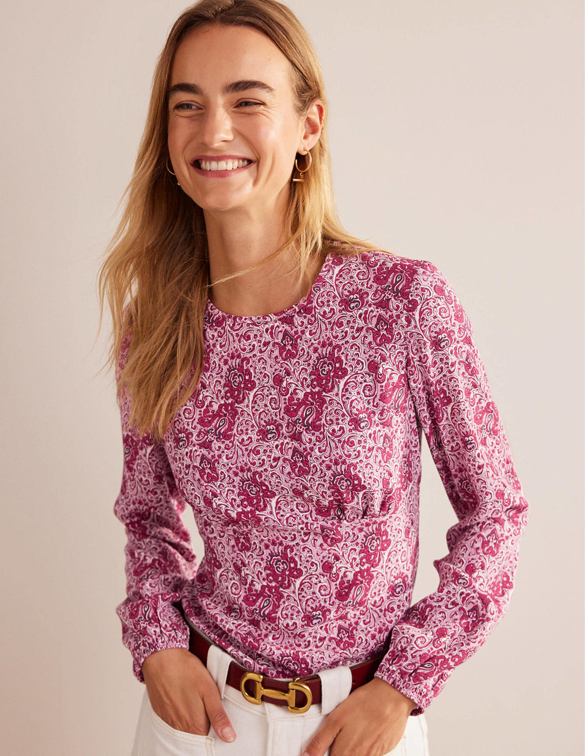 Empire-Waist Long-Sleeve Top-Strawberry Sherbet, Botanic - Image 1