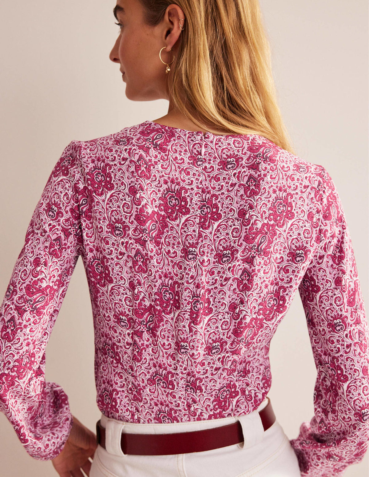 Empire-Waist Long-Sleeve Top-Strawberry Sherbet, Botanic-3