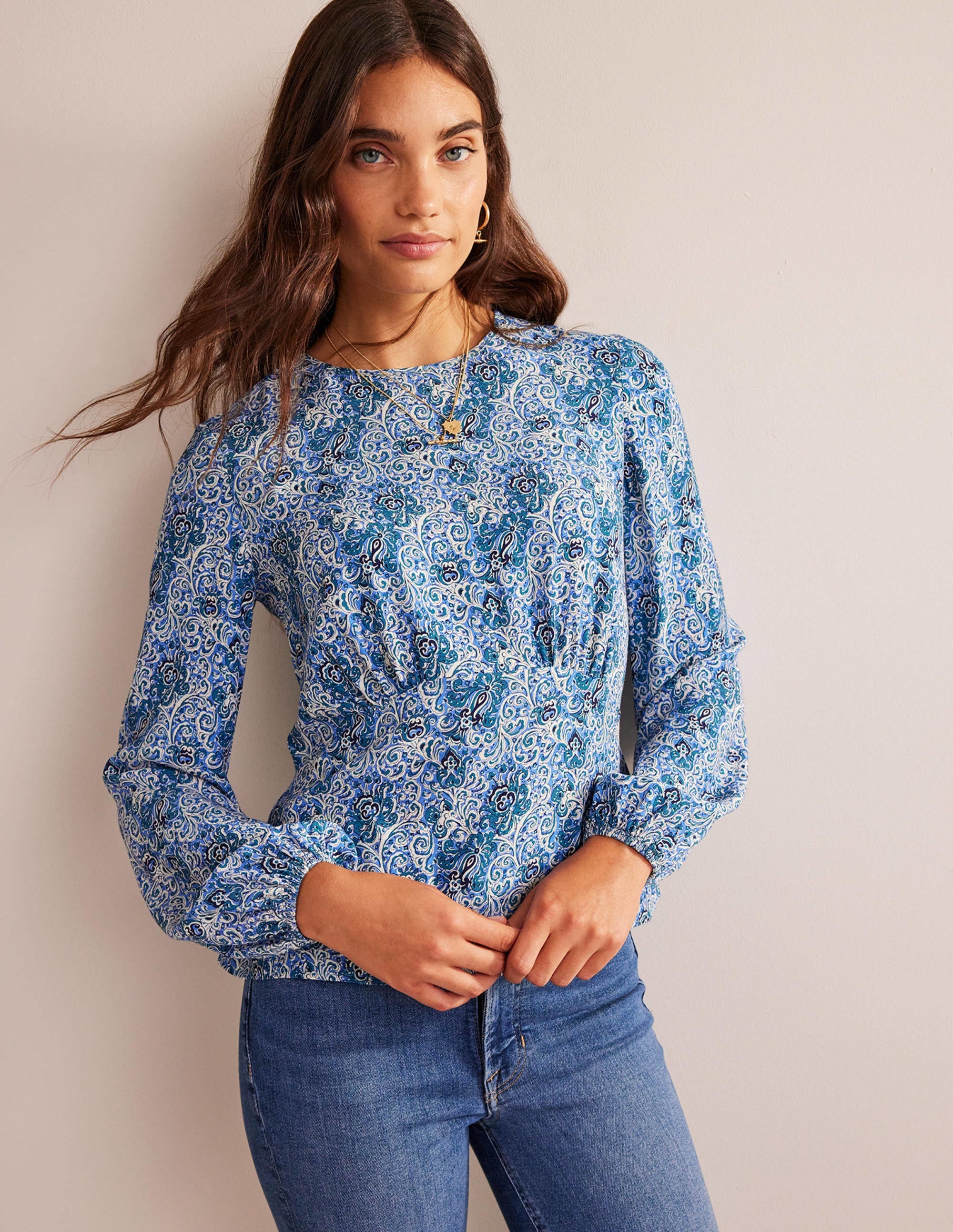 Empire-Waist Long-Sleeve Top-Teal, Botanic Terrace - Image 1