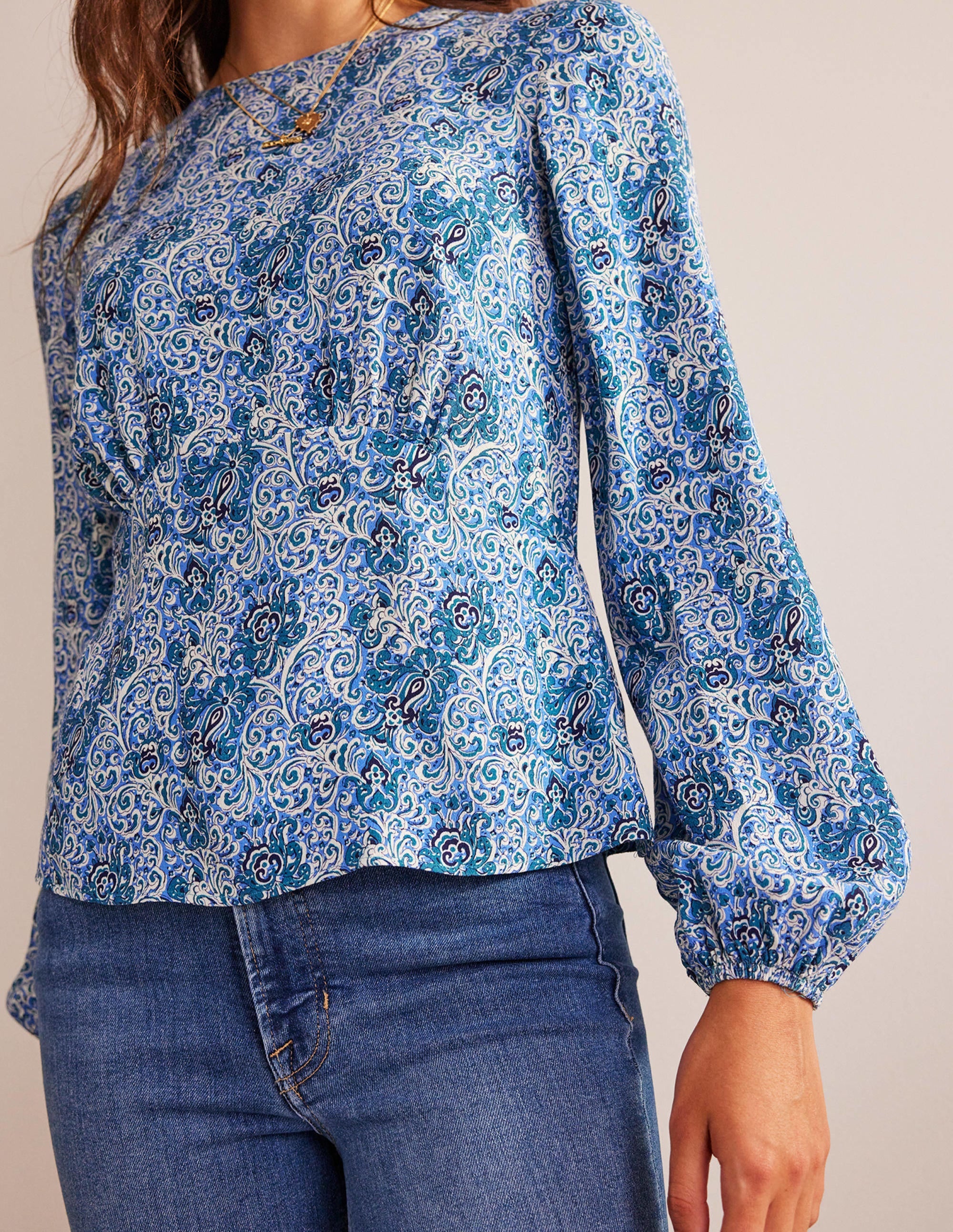 Empire-Waist Long-Sleeve Top-Teal, Botanic Terrace - Image 2