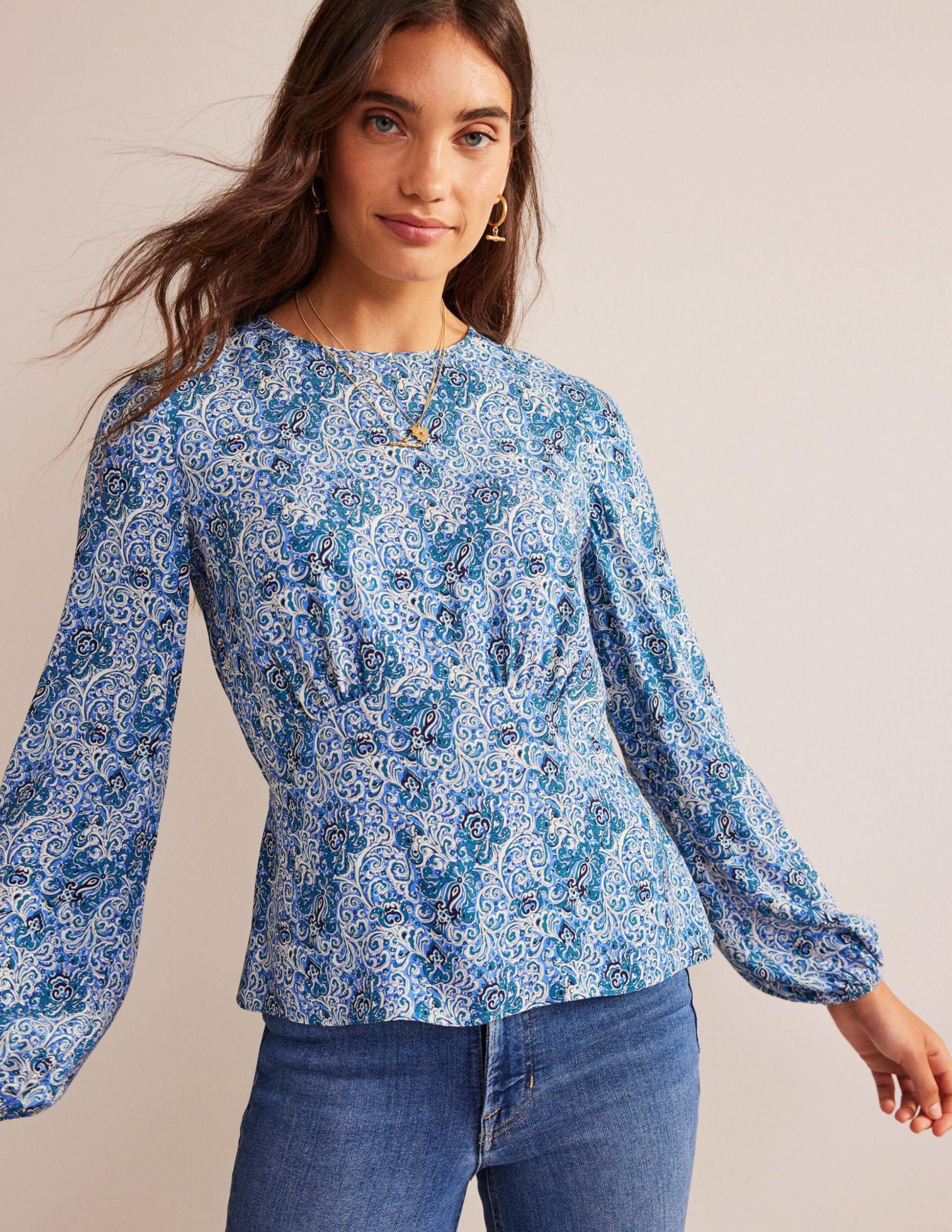 Empire-Waist Long-Sleeve Top-Teal, Botanic Terrace-4