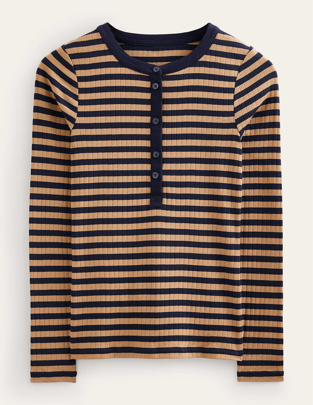 Anna Rib Henley T-Shirt-Navy, Camel - Image 5