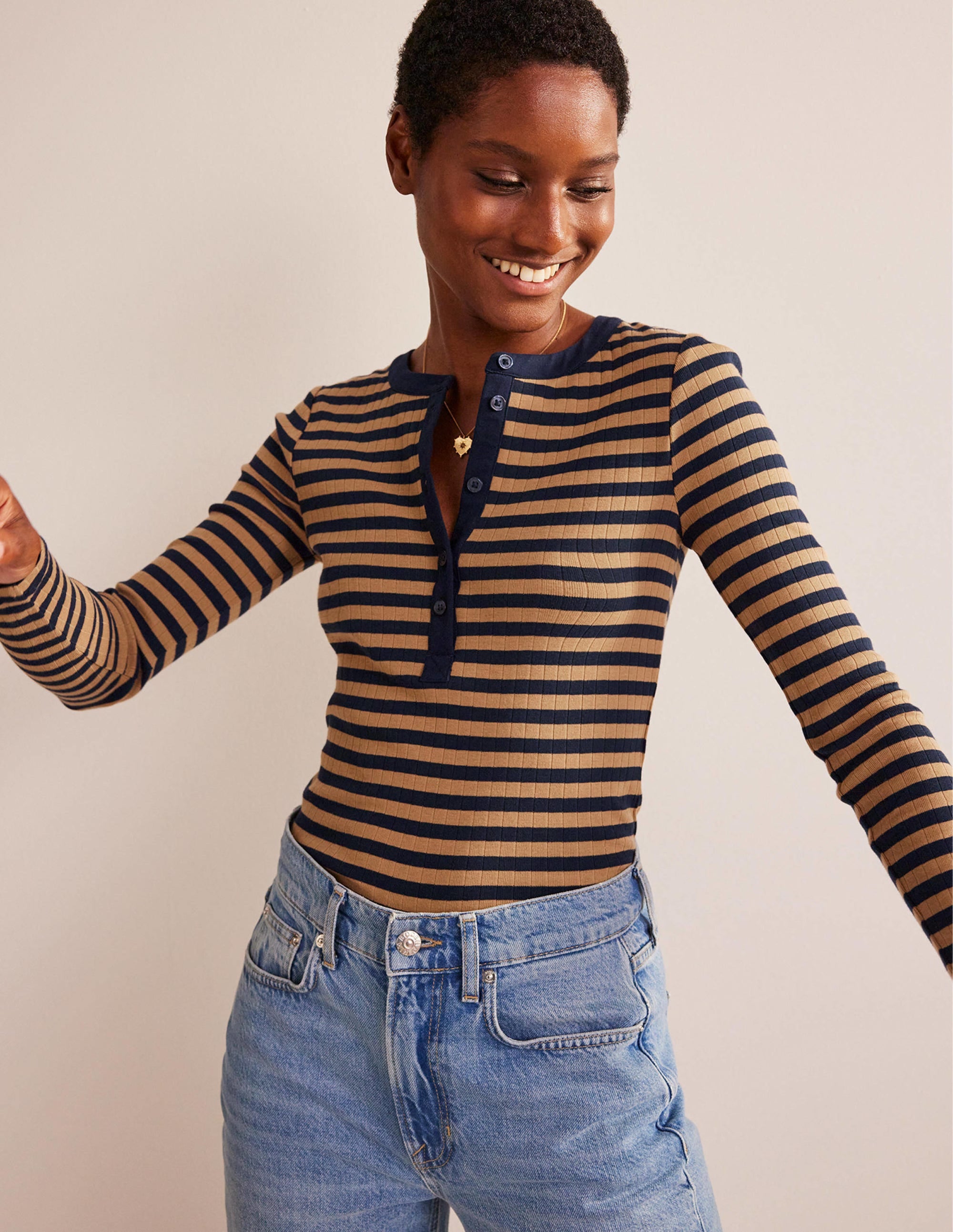 Anna Rib Henley T-Shirt-Navy, Camel - Image 1
