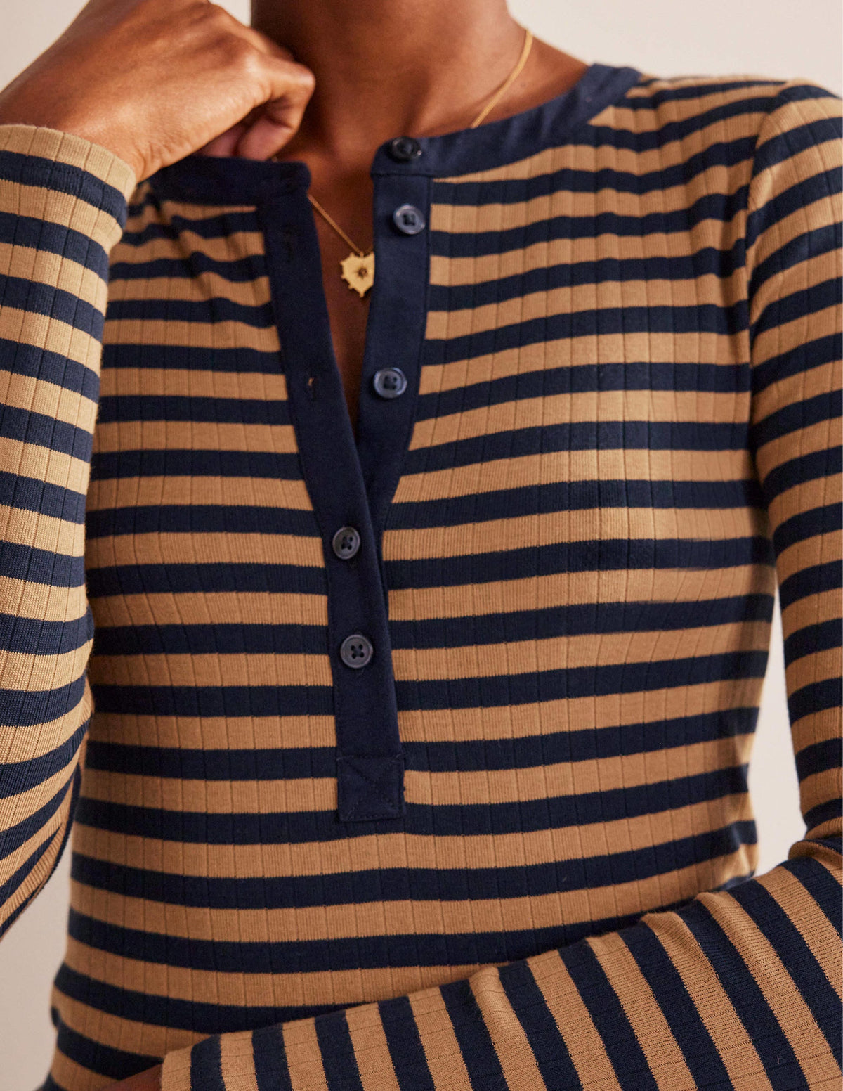 Anna Rib Henley T-Shirt-Navy, Camel - Image 2
