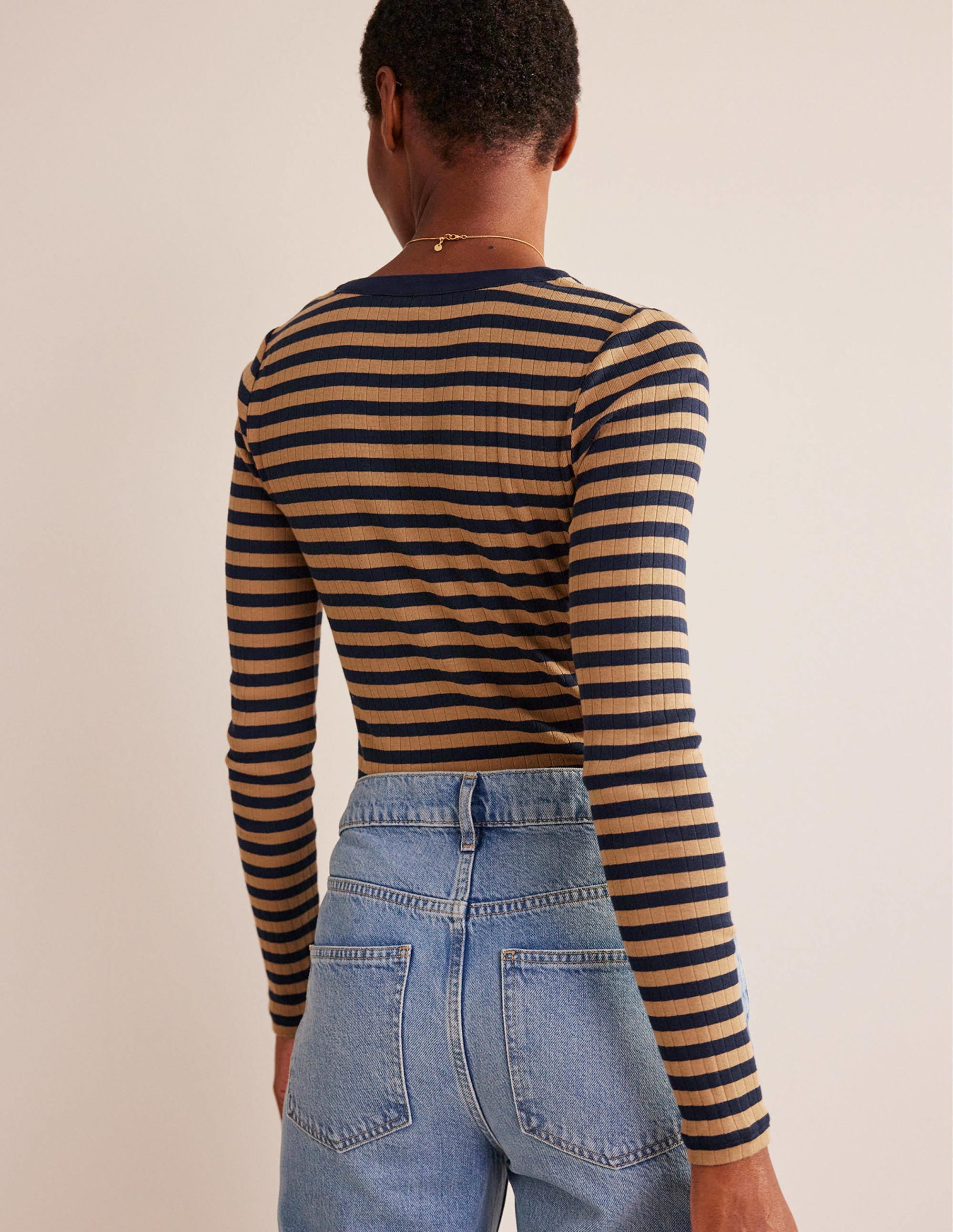 Anna Rib Henley T-Shirt-Navy, Camel - Image 3
