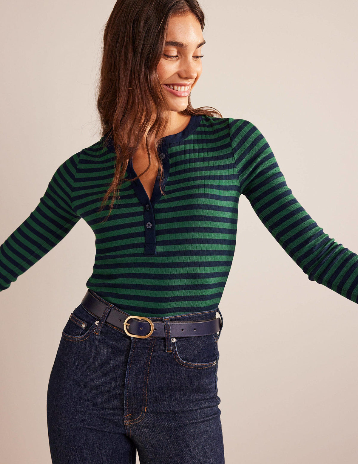 Anna Rib Henley T-Shirt-Green, Navy - Image 1