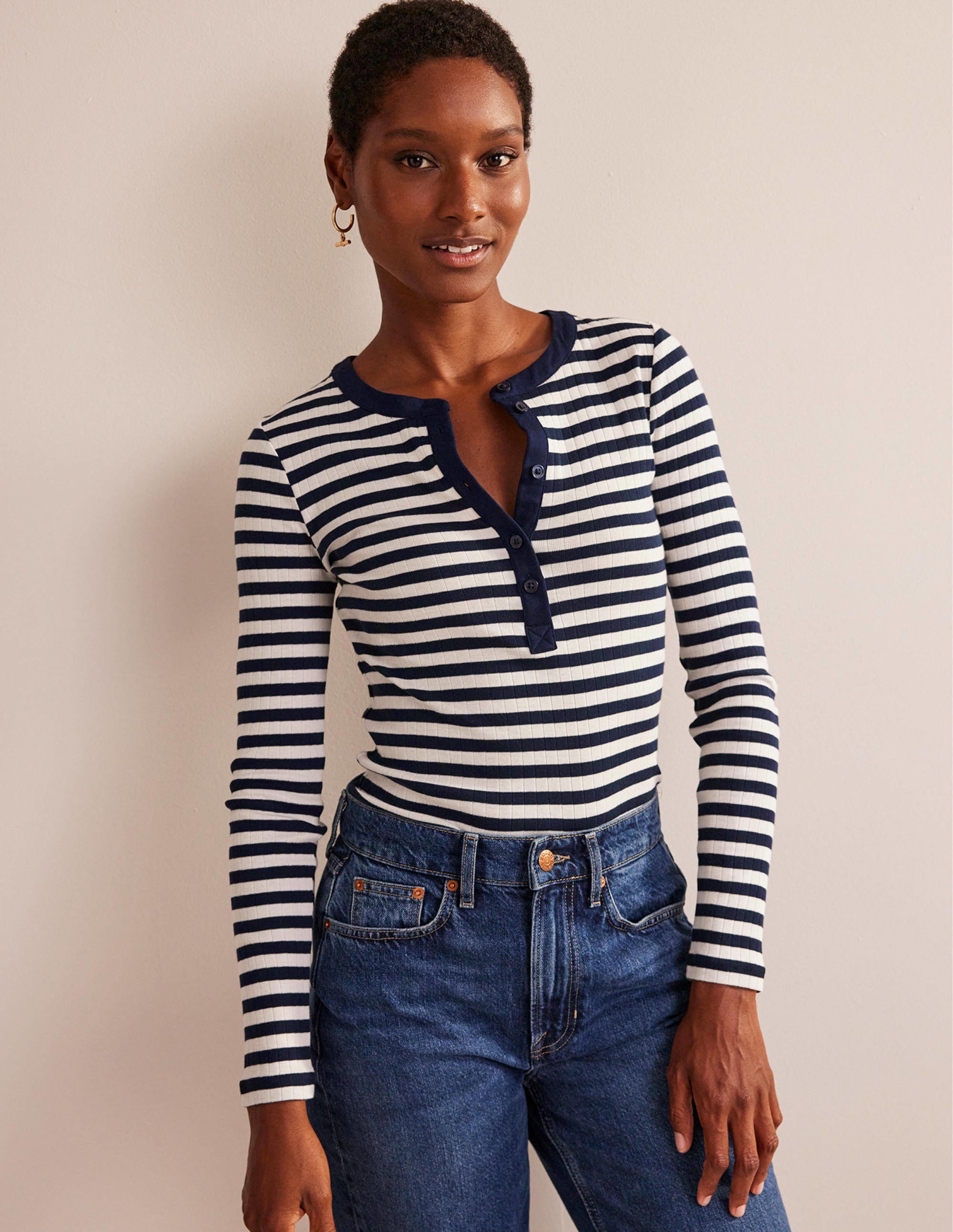 Anna Rib Henley T-Shirt-Navy, Ivory - Image 1