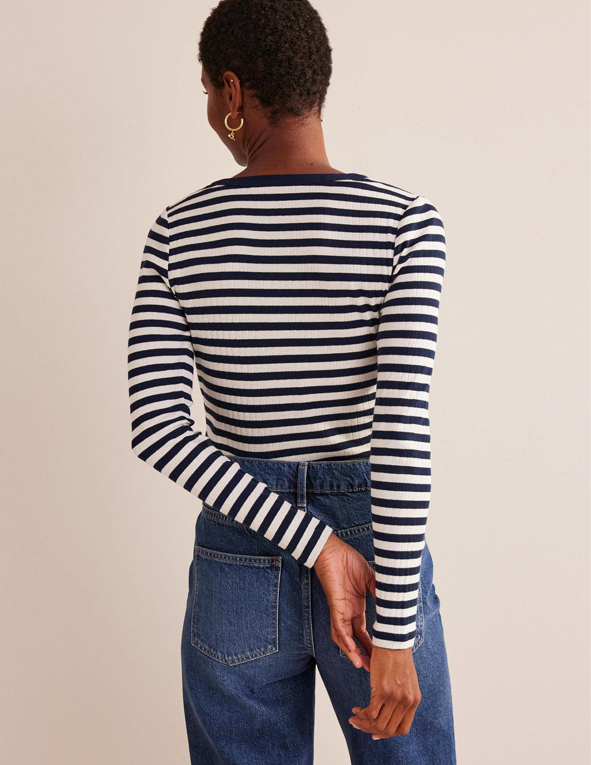 Anna Rib Henley T-Shirt-Navy, Ivory - Image 3