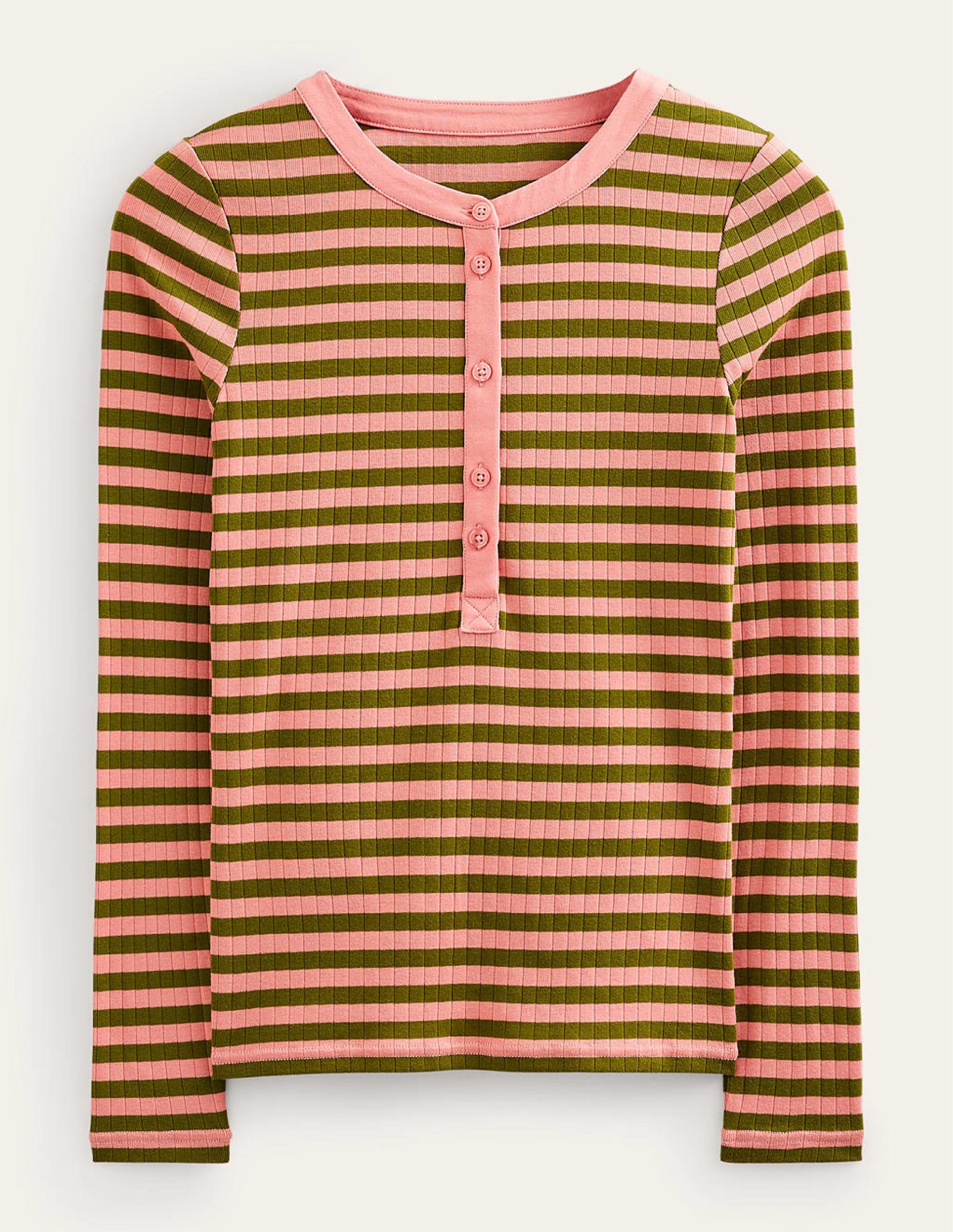 Anna Rib Henley T-Shirt-Rosette Blush, Olive Green - Image 5