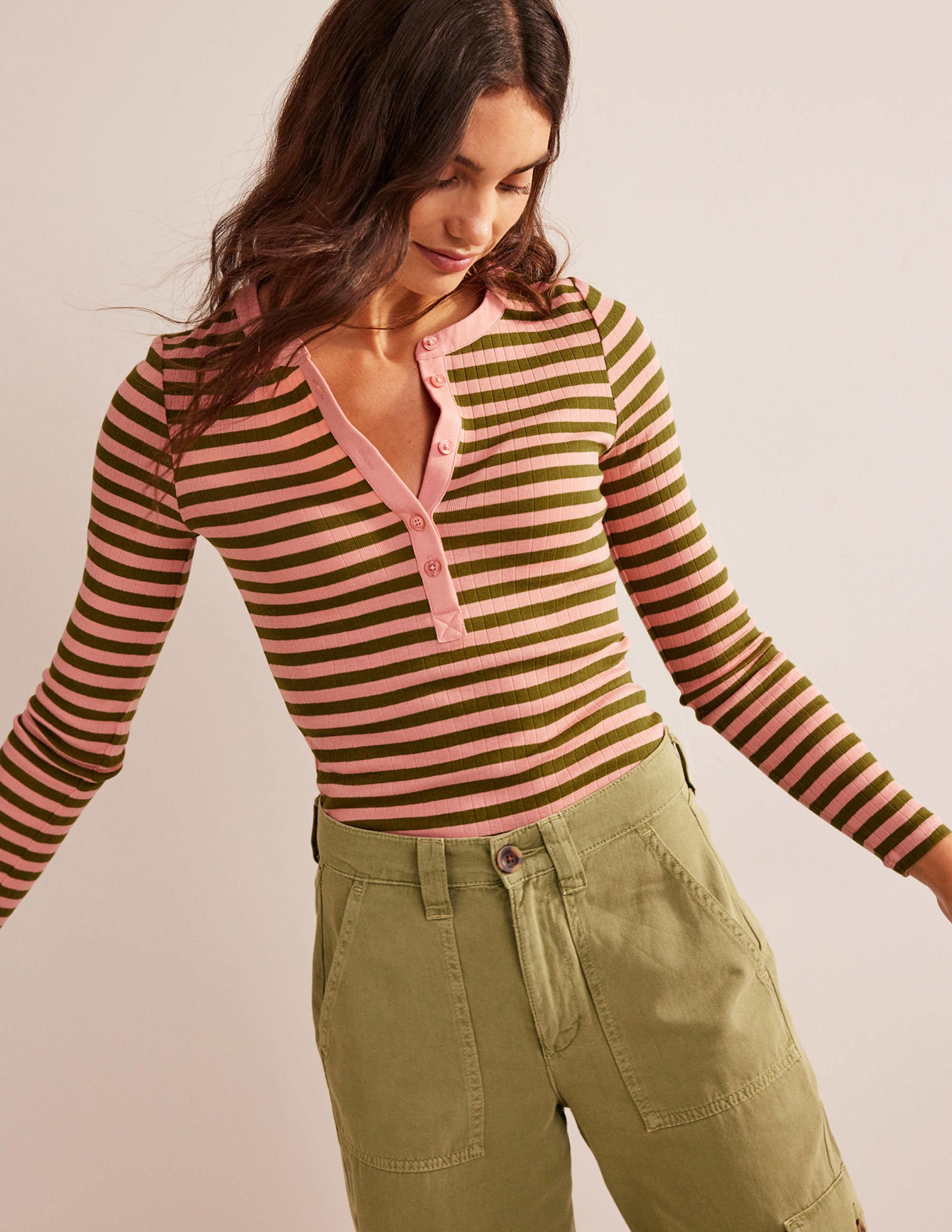 Anna Rib Henley T-Shirt-Rosette Blush, Olive Green - Image 1