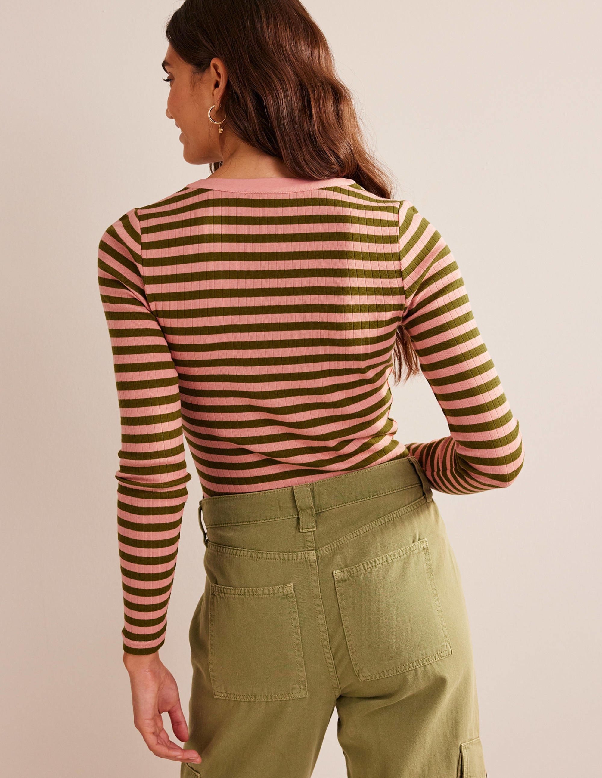 Anna Rib Henley T-Shirt-Rosette Blush, Olive Green - Image 3