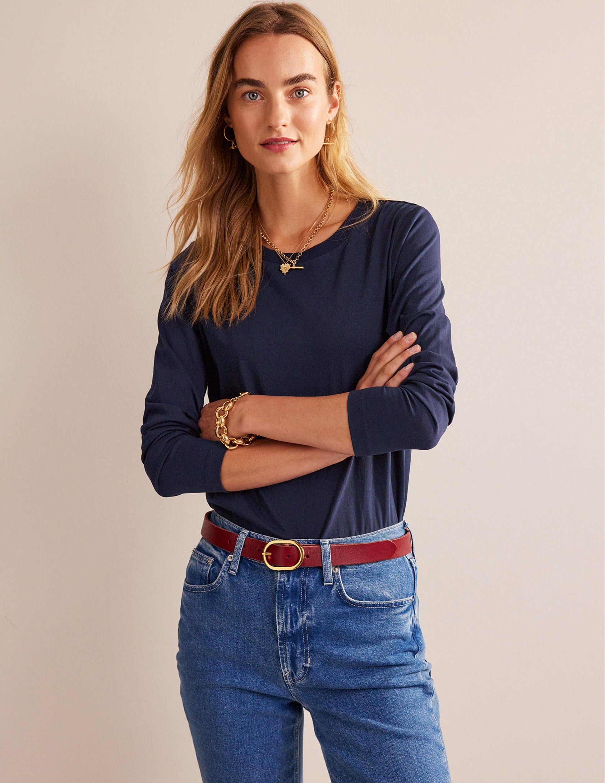Pure Cotton Long Sleeve Top-Navy-1
