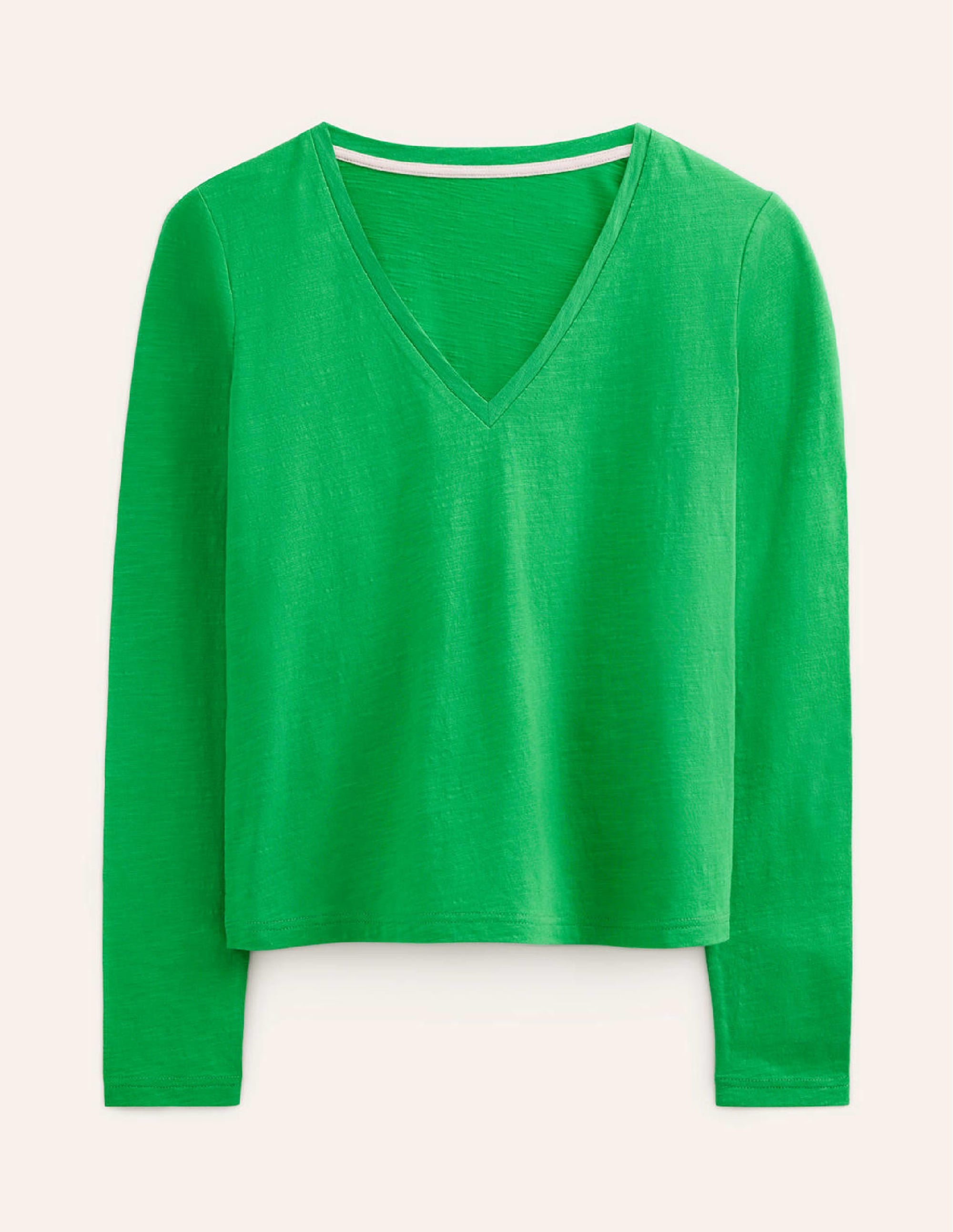 Cotton V-Neck Long Sleeve Top-Bright Green - Image 5