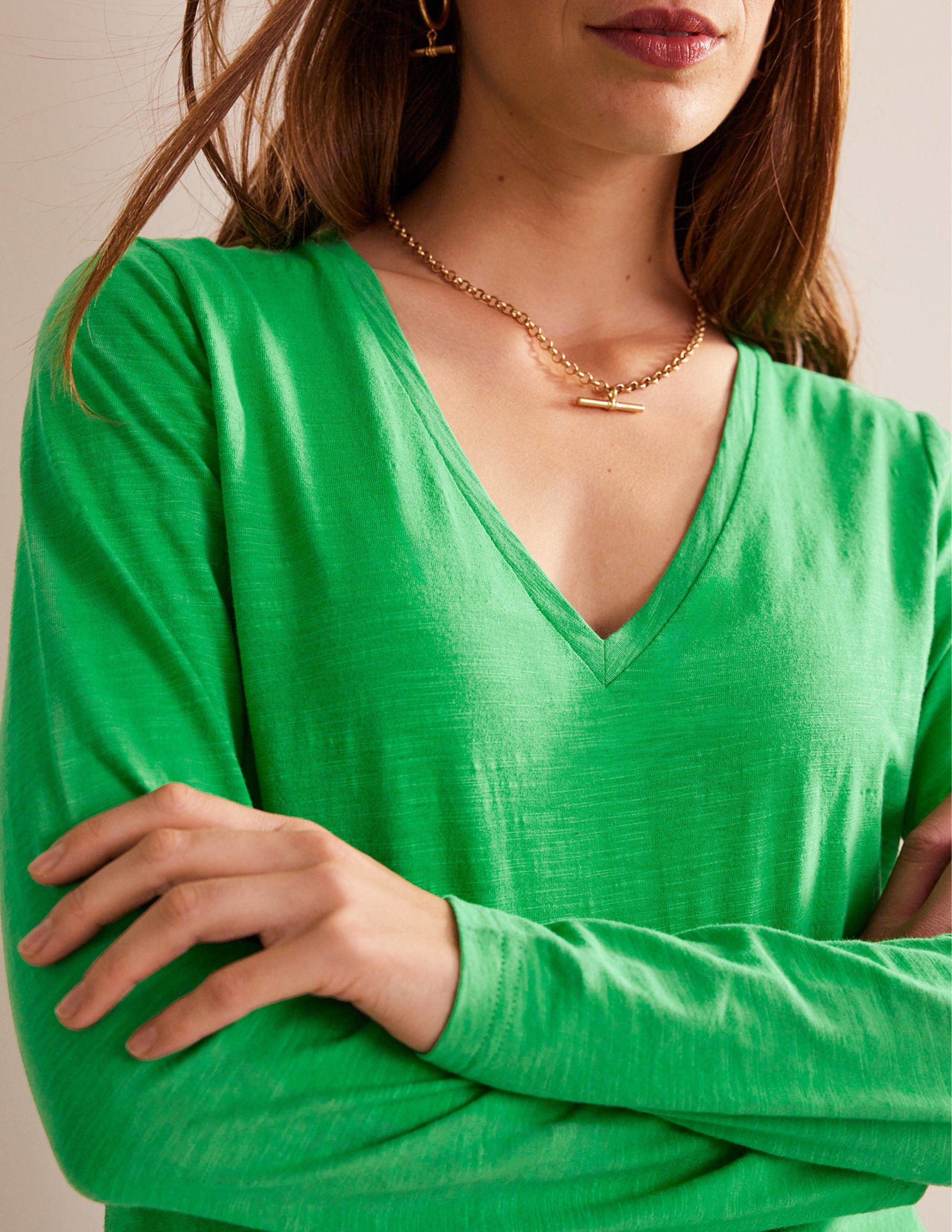 Cotton V-Neck Long Sleeve Top-Bright Green - Image 2