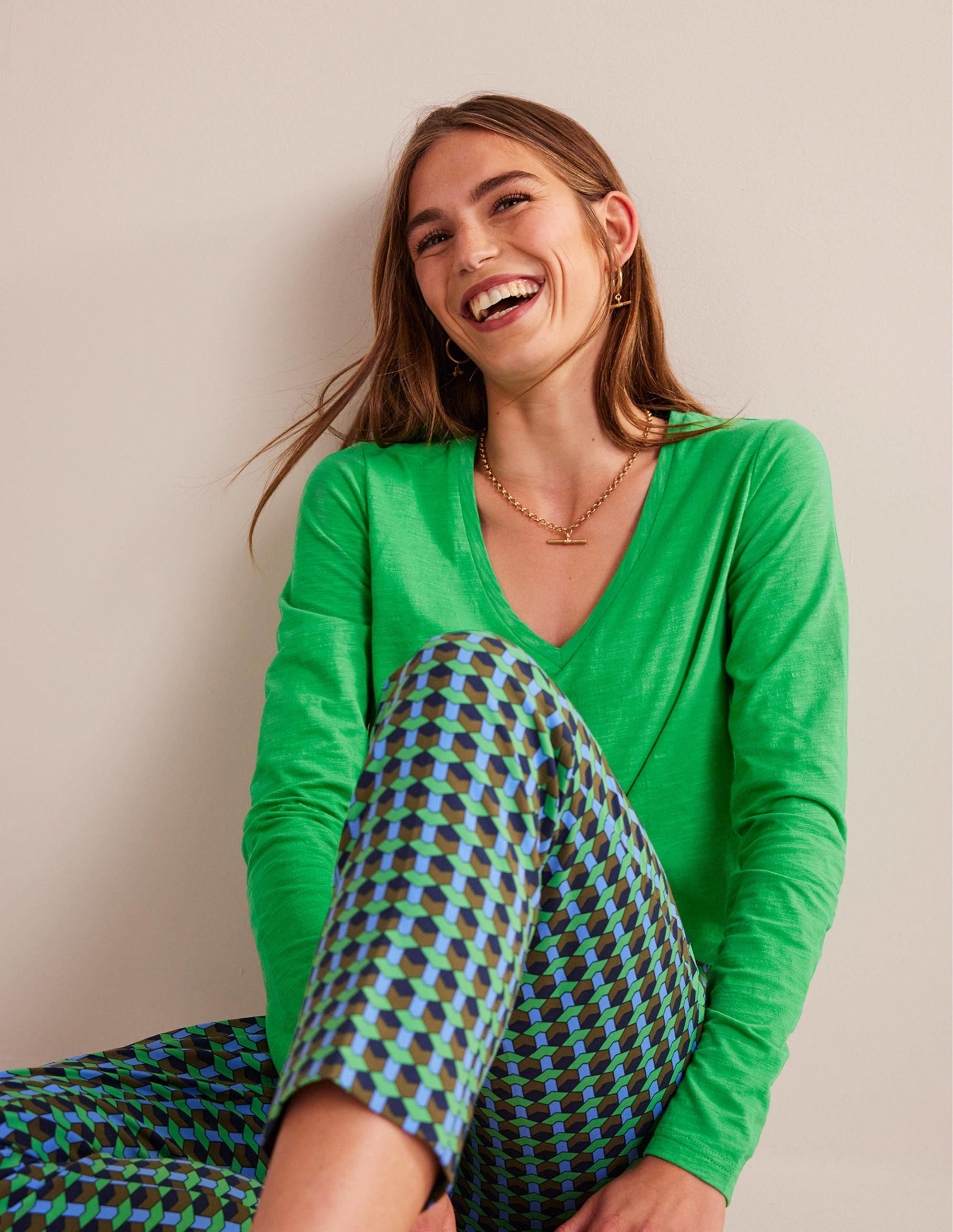 Cotton V-Neck Long Sleeve Top-Bright Green - Image 4