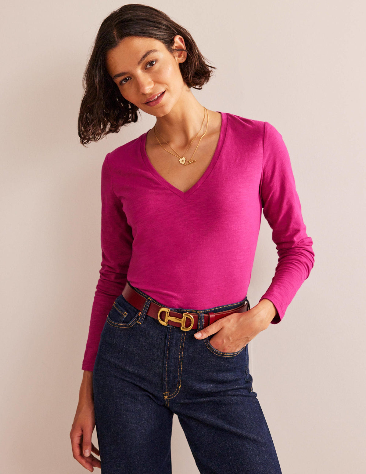 Cotton V-Neck Long Sleeve Top-Festival Fushsia-1