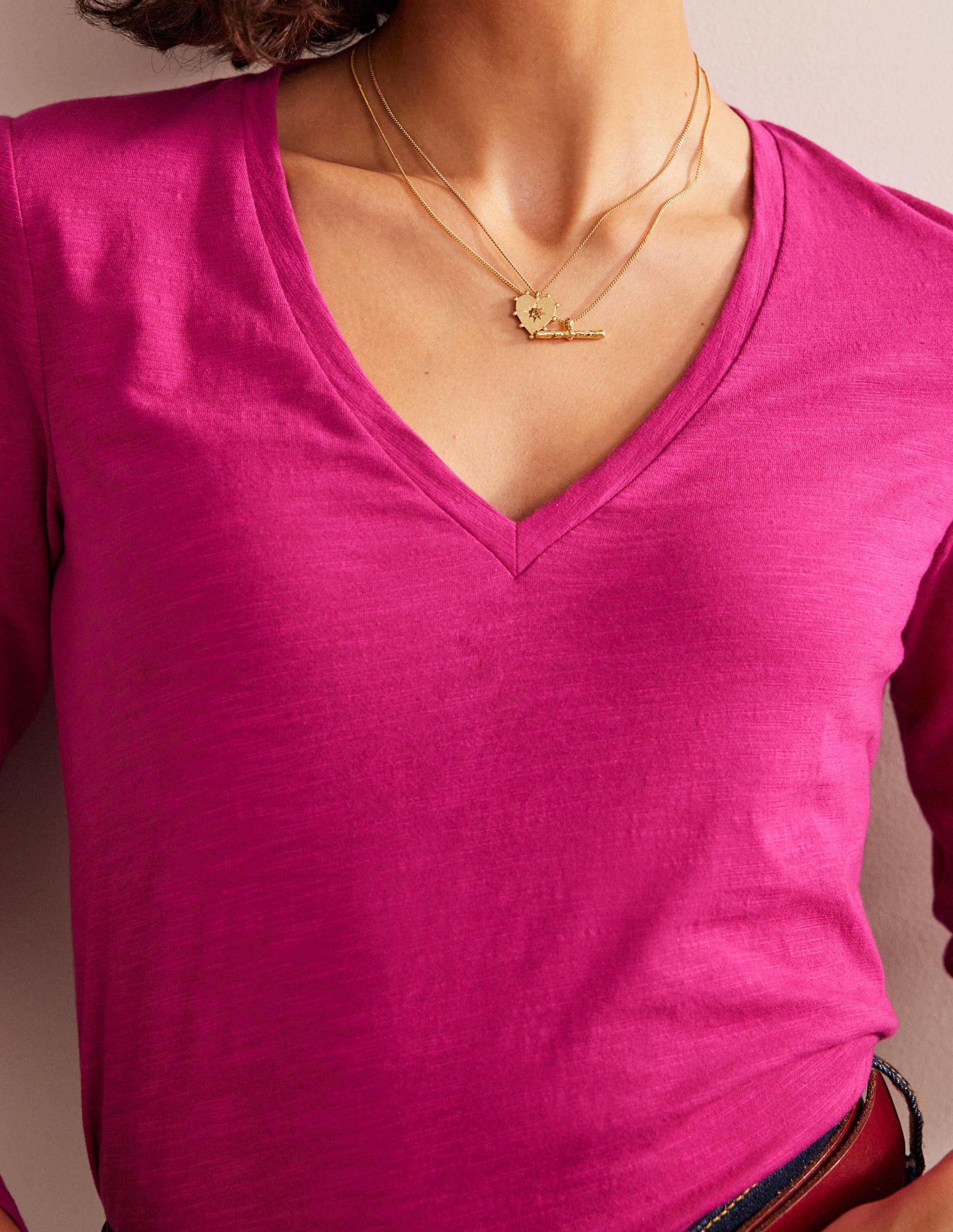 Cotton V-Neck Long Sleeve Top-Festival Fushsia-2