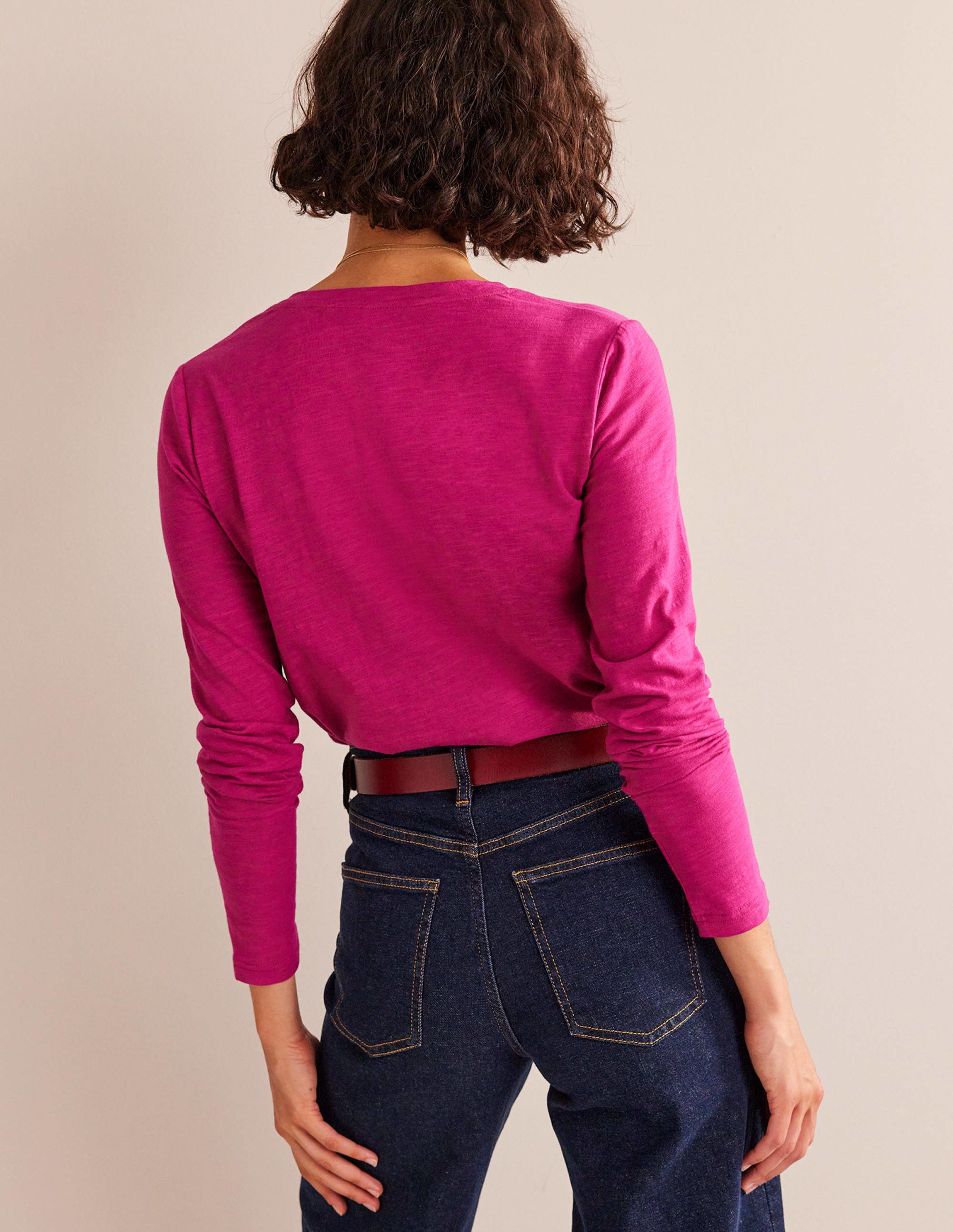 Cotton V-Neck Long Sleeve Top-Festival Fushsia - Image 3