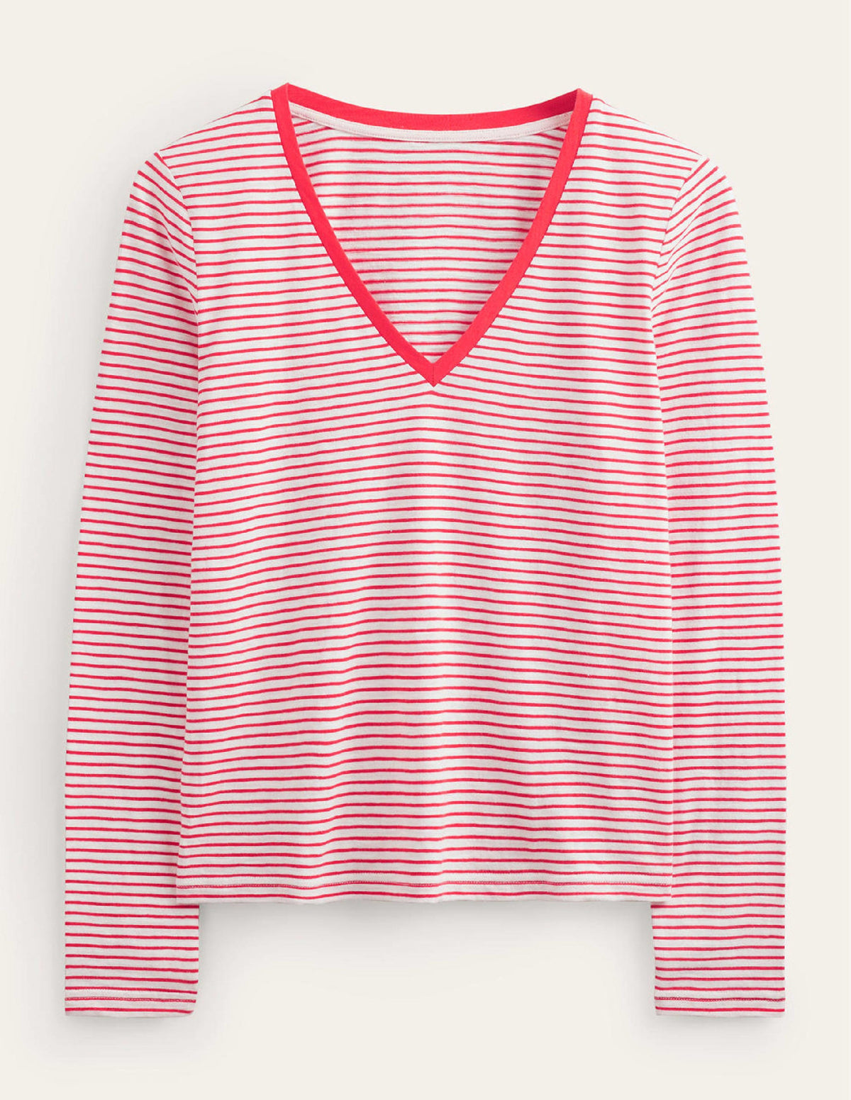 Cotton V-Neck Long Sleeve Top-Ivory, Red - Image 5