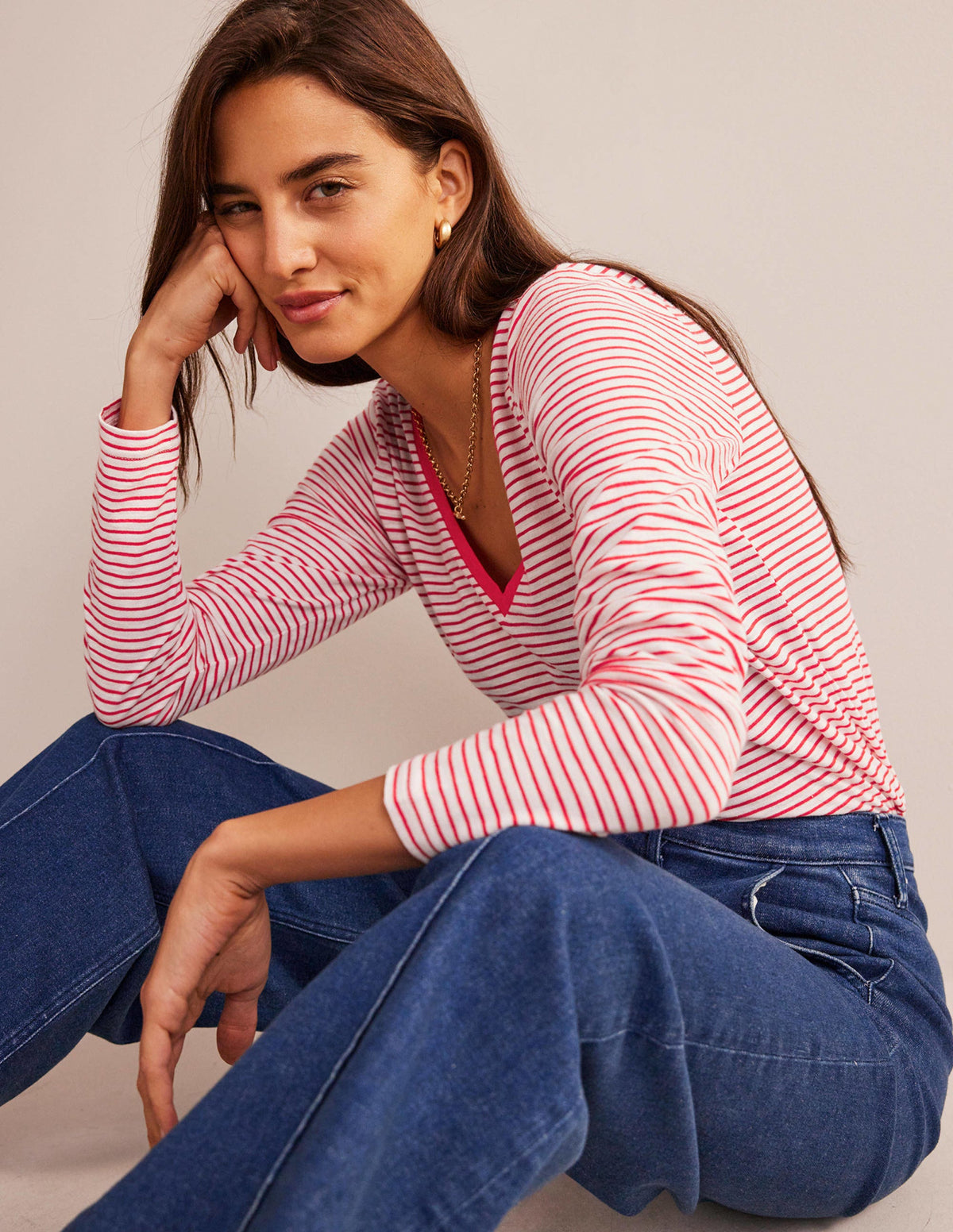 Cotton V-Neck Long Sleeve Top-Ivory, Red - Image 1
