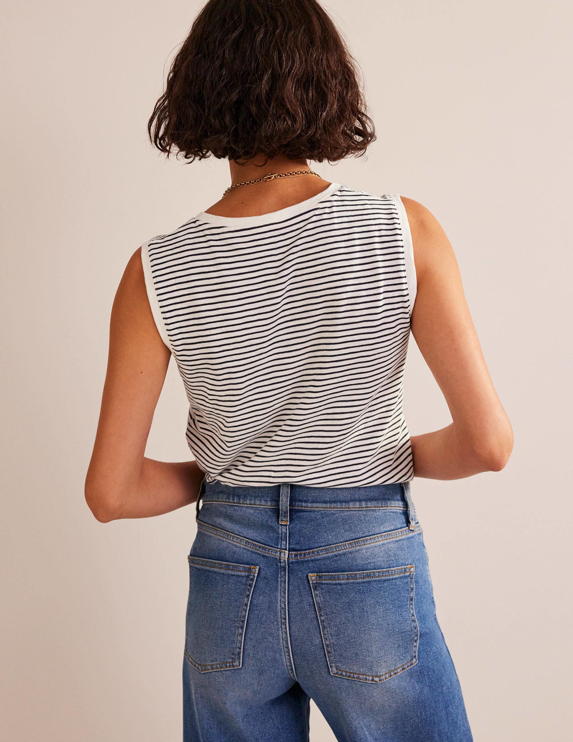 Regular V-neck Slub Vest-Navy, Ivory - Image 3