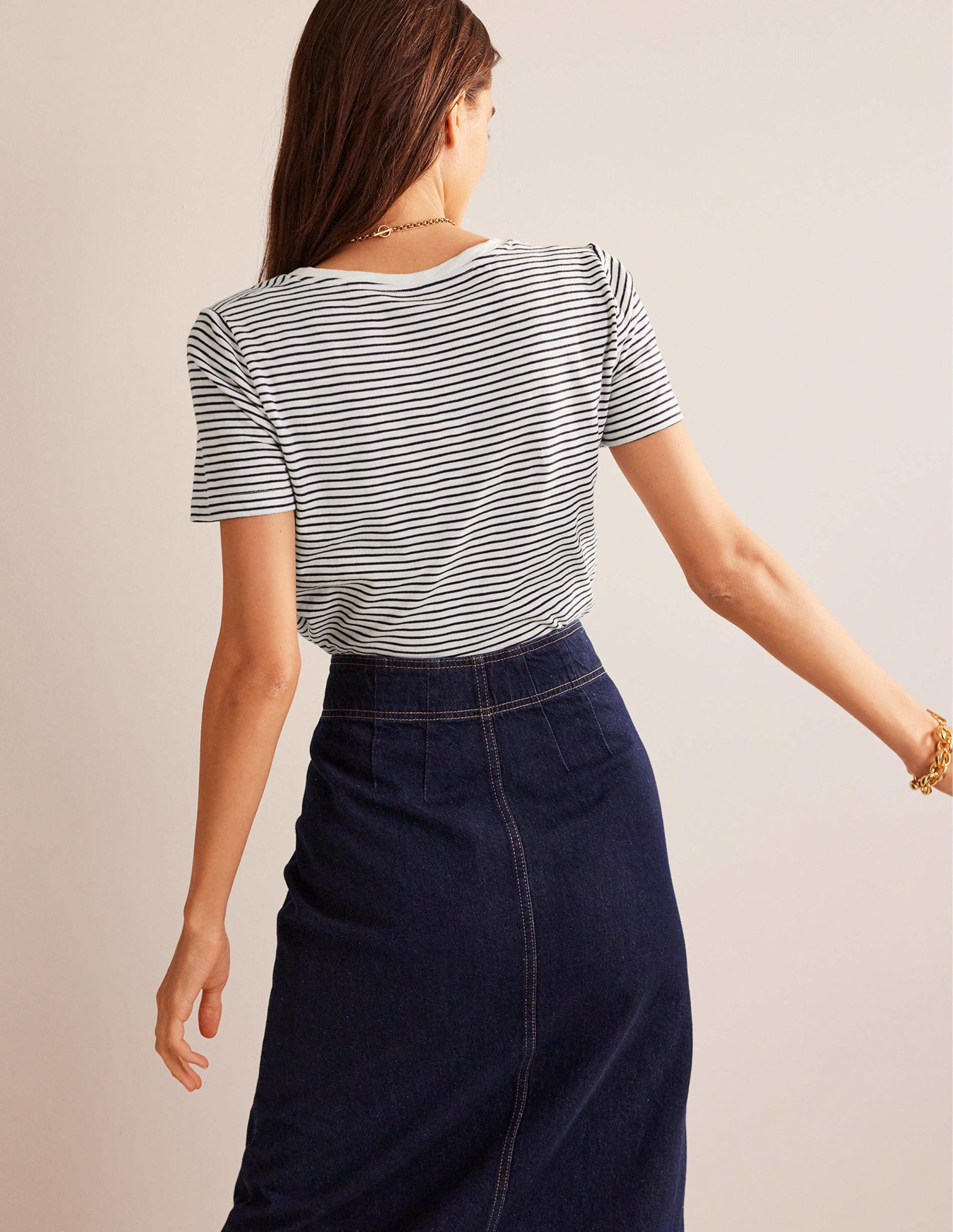 Regular V-Neck Slub T-shirt-Ivory, Navy - Image 3