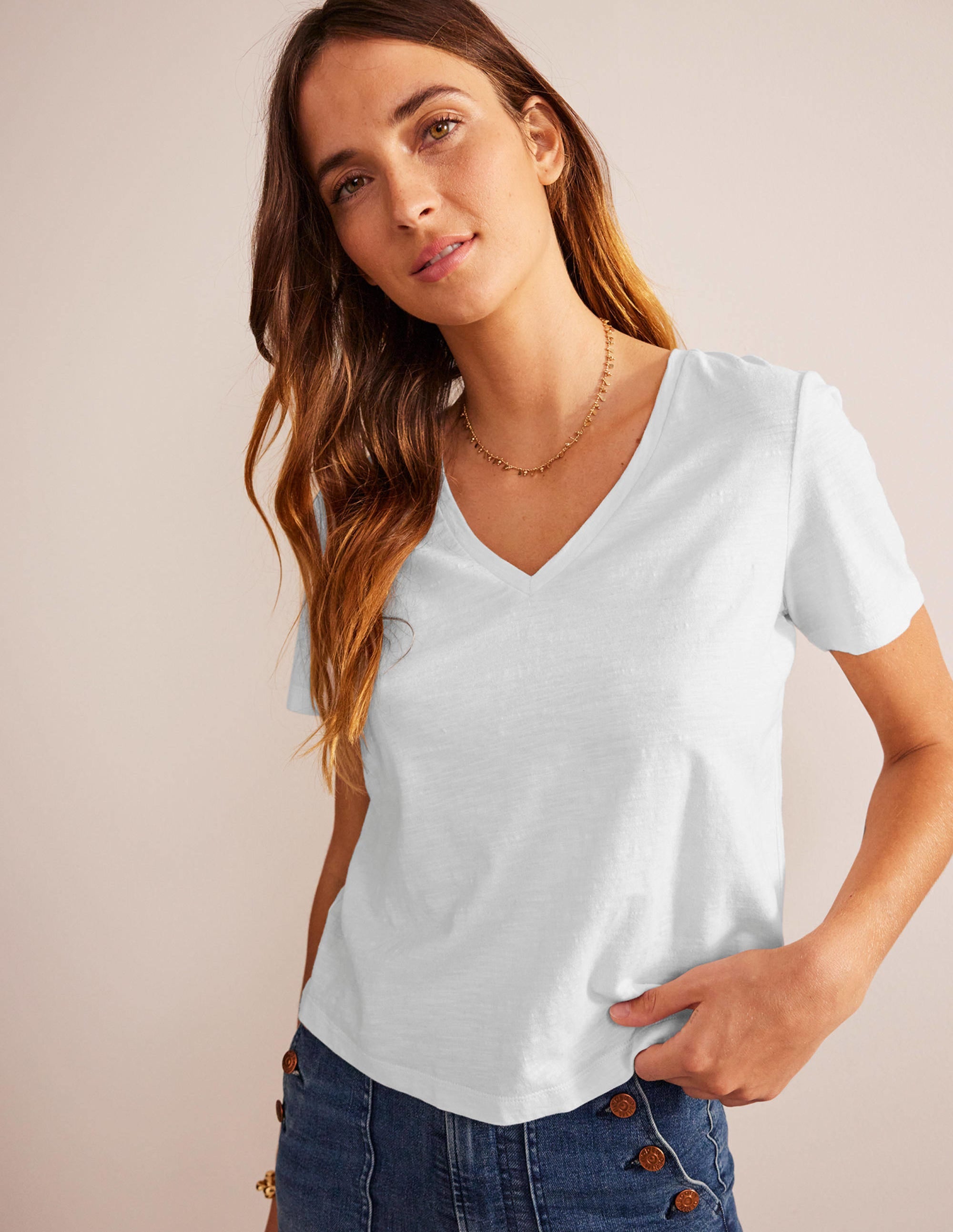 Regular V-Neck Slub T-shirt-White - Image 1