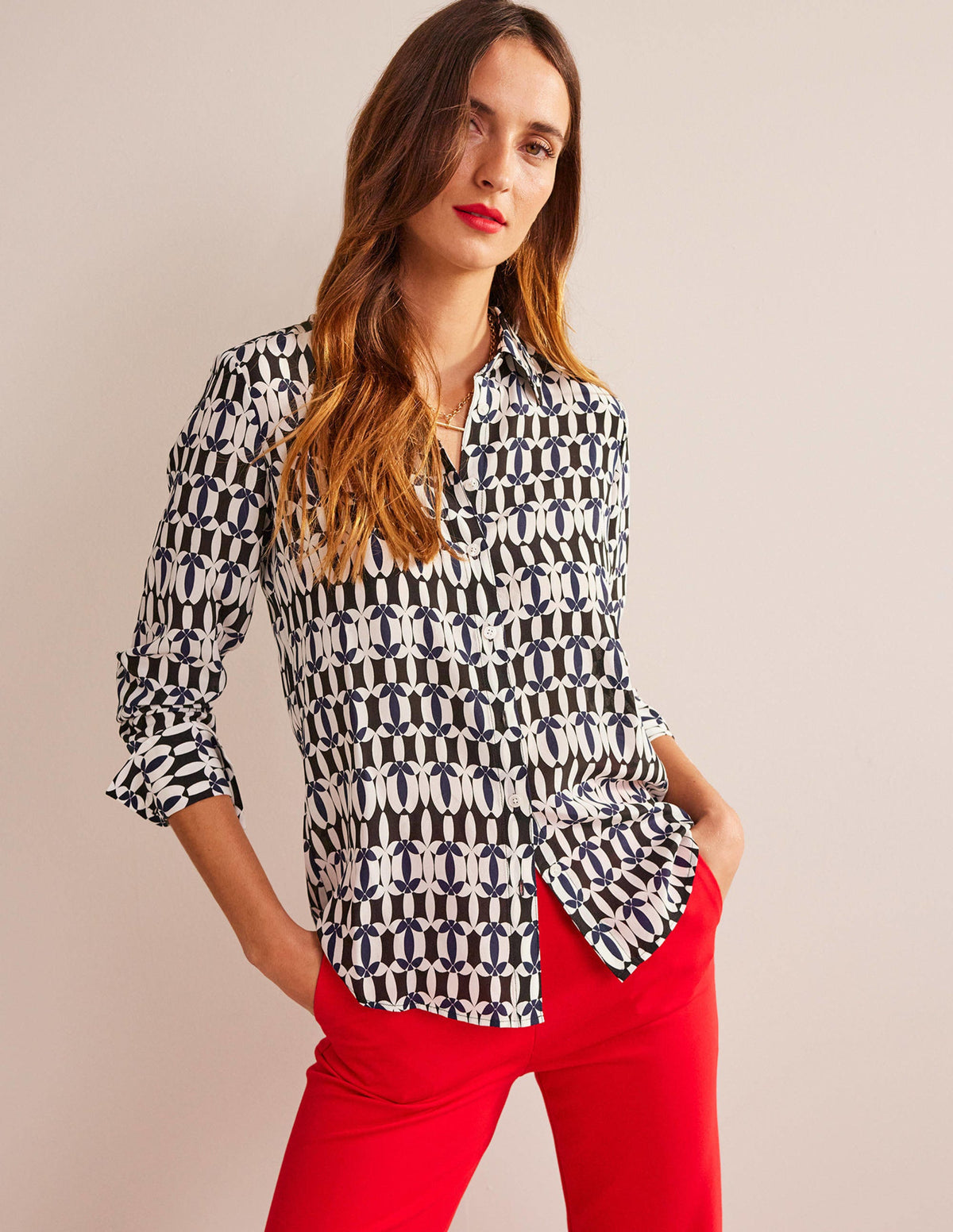 Sienna Silk Shirt-Black, Geometric - Image 1