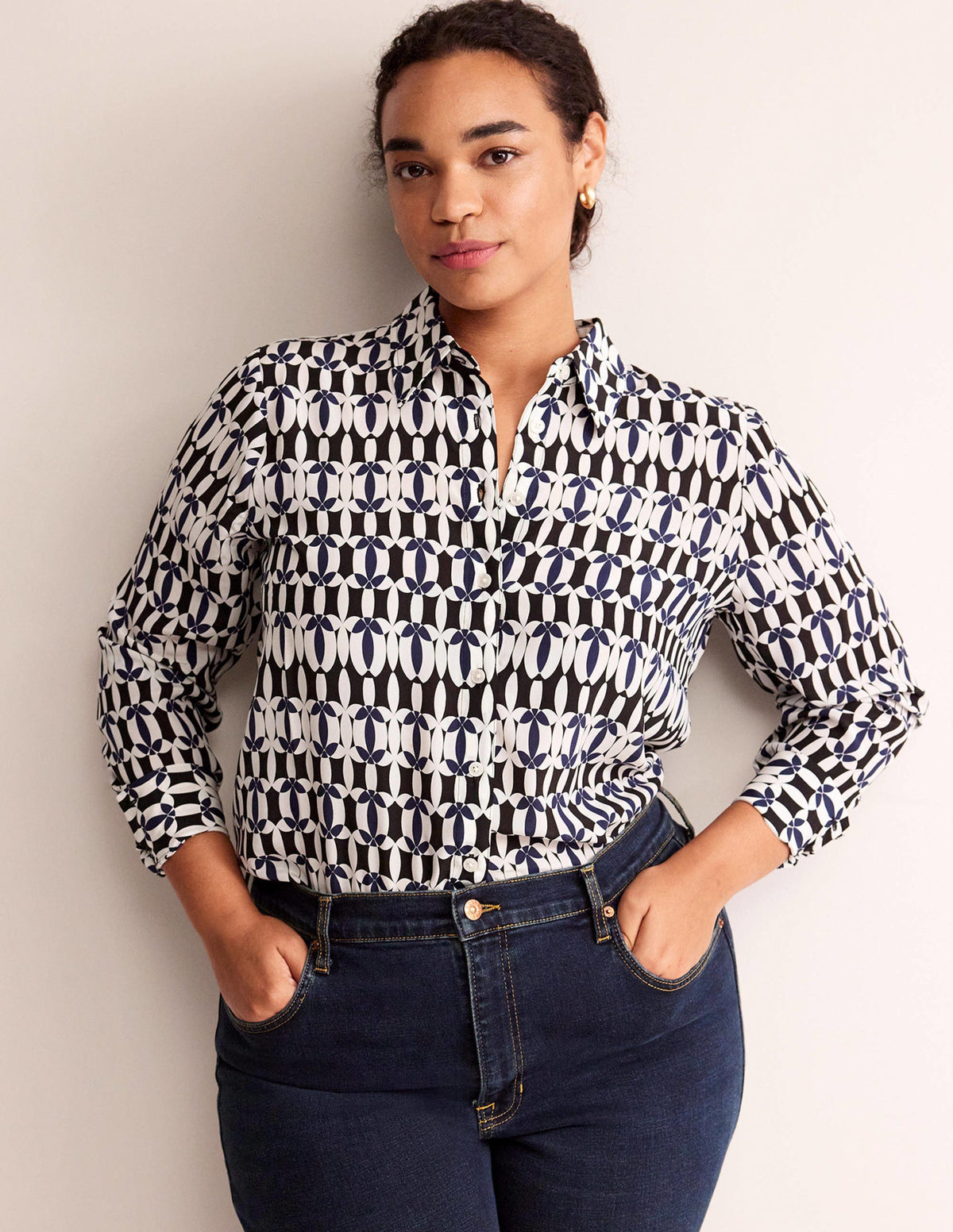 Sienna Silk Shirt-Black, Geometric-5