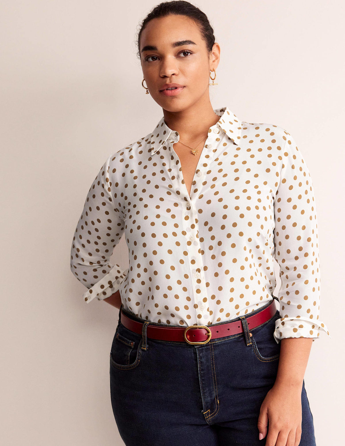 Sienna Silk Shirt-Camel, Dotty Spot - Image 5